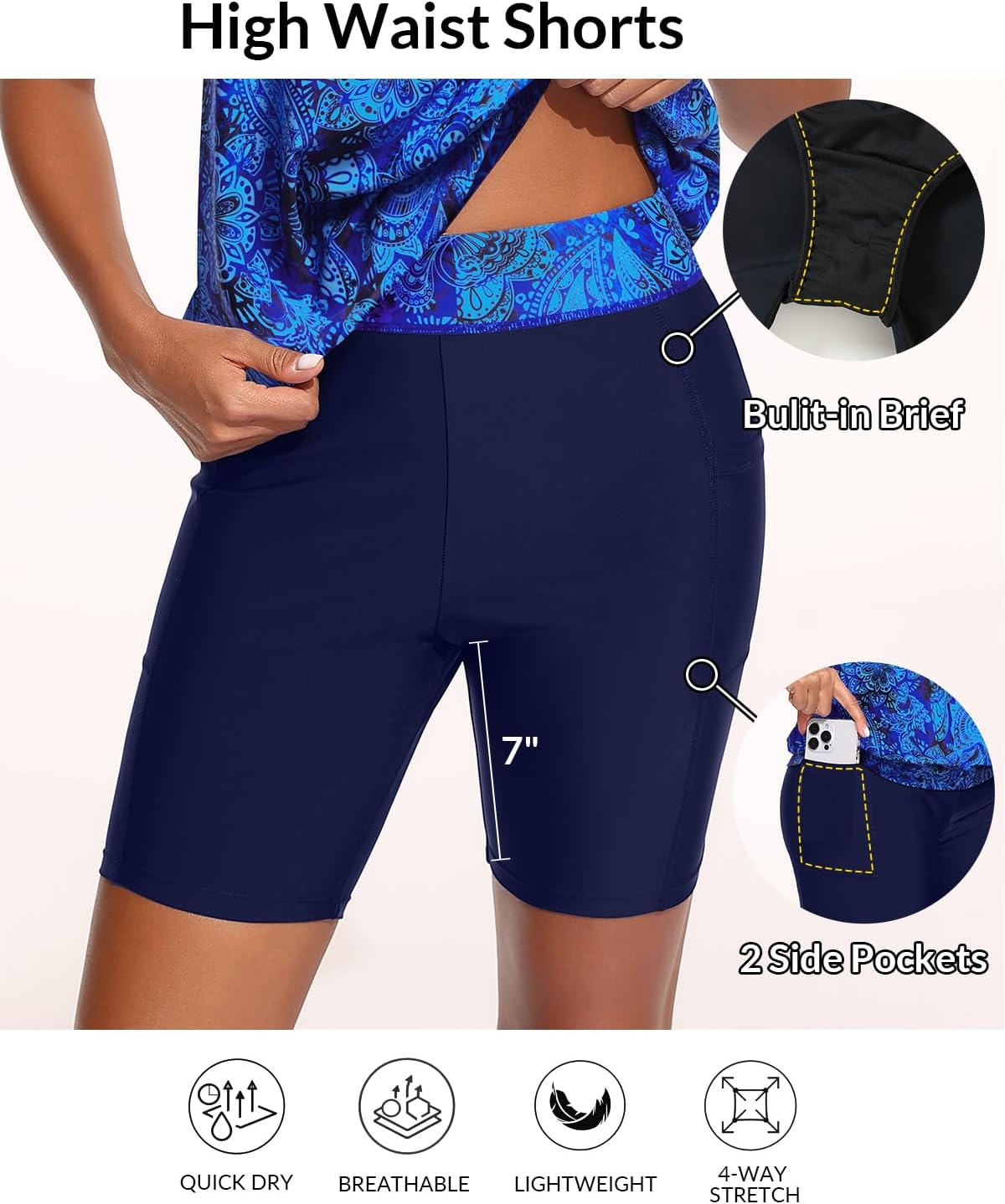 Talisea Womens Tankini with Shorts - Two Piece Swimsuit with 2 Pockets 7" Long Boy-Leg Shorts Blouson Athletic Bathing Suit