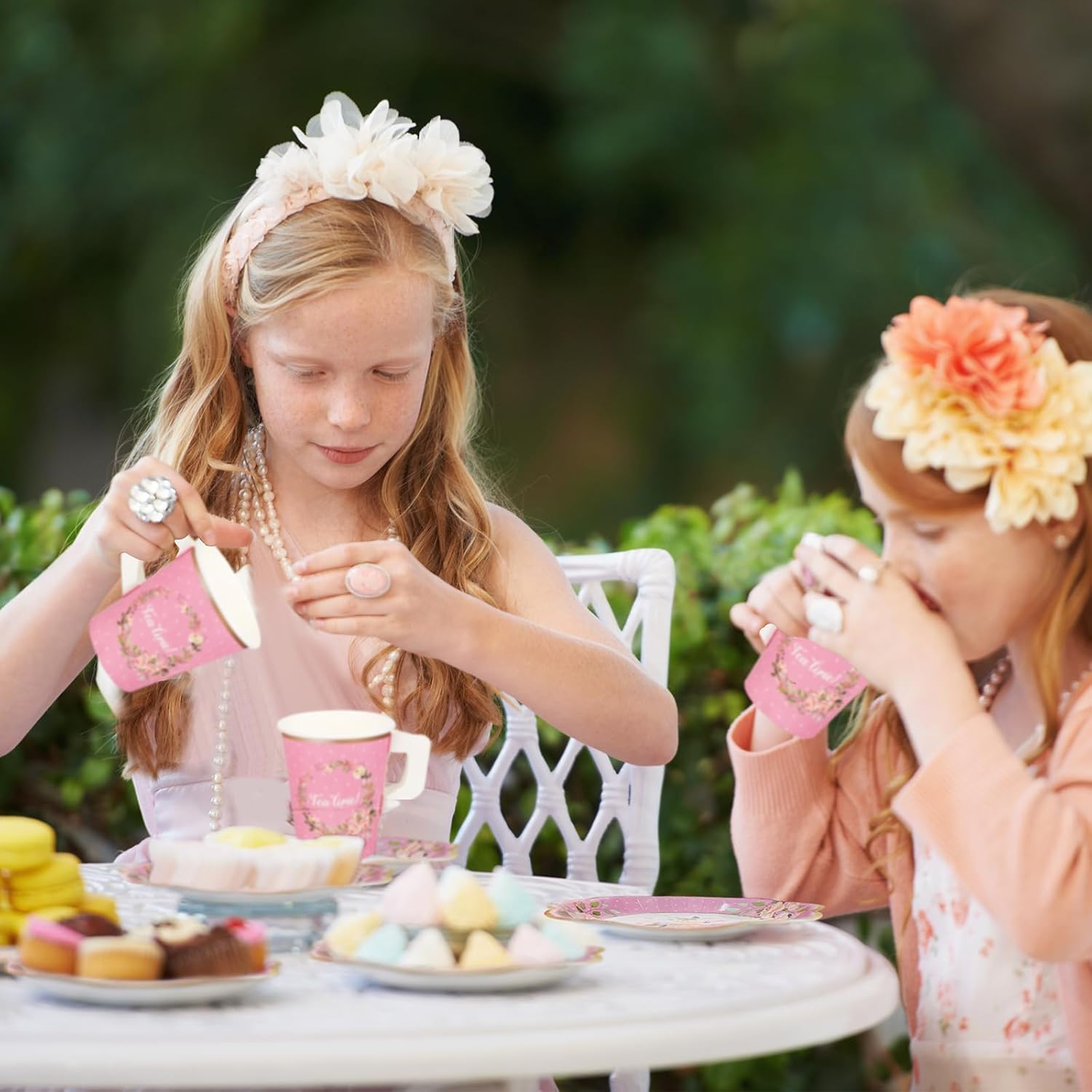 TWOWYHI 136Pcs Floral Tea Party Supplies for 25 Floral Tea Cups with Handle 9” 7” Floral Paper Plates Disposable Flower Cups and Saucers Sets for Garden Birthday Bridal Wedding,Pink