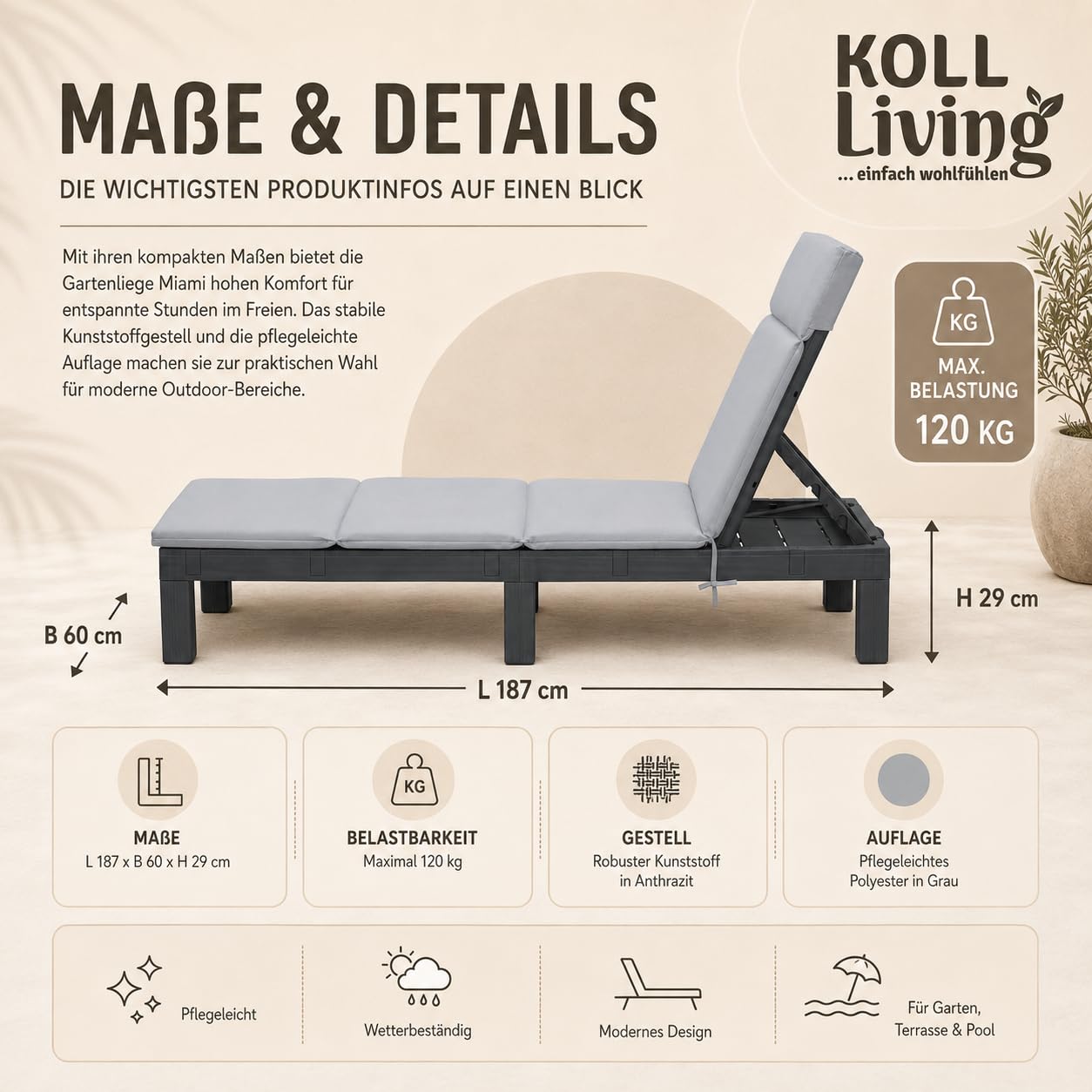 Koll Living Gartenliege Miami | Sonnenliege Kunststoff Anthrazit/Grau | 187 x 60 x 29 cm | belastbar bis 120 kg Liegestuhl wetterfest & pflegeleicht