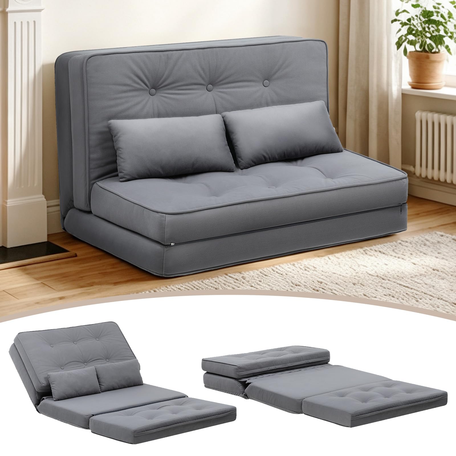 COMHOMA Bodensofa Klappbares, 3 in 1 Sofa mit Schlaffunktion mit 6-stufig Verstellbarer Rückenlehne, Sofabett mit 2 Lendenkissen, geeignet für Wohnzimmer, Schlafzimmer & Camping, Grau
