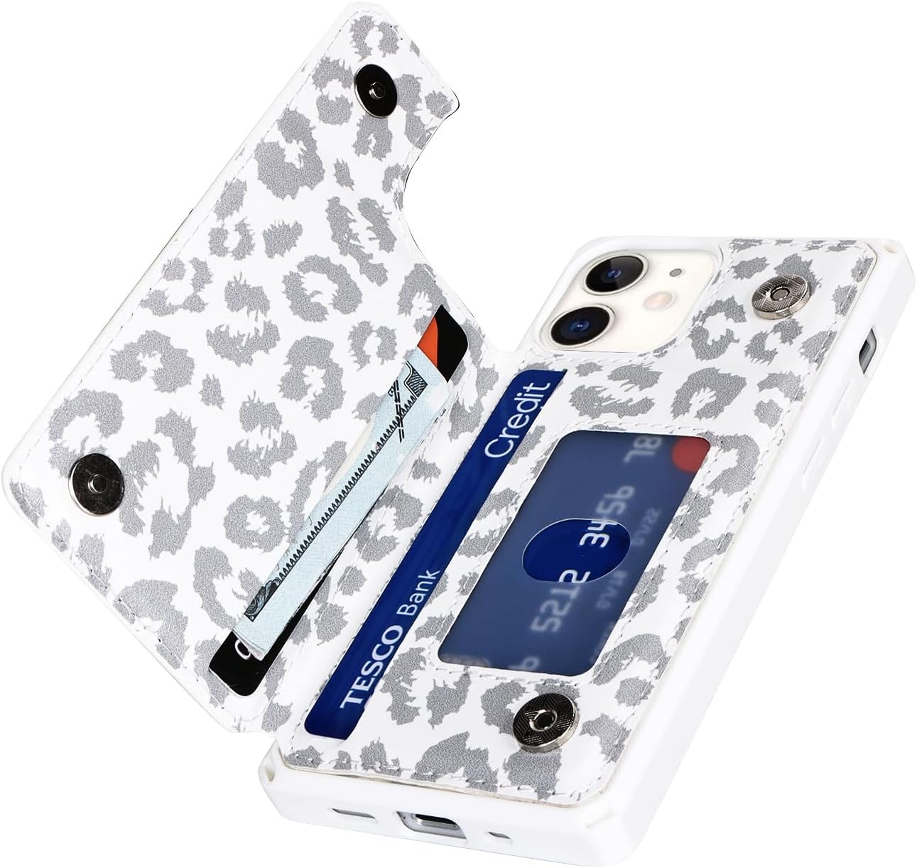 Cavor for iPhone 12 Mini Wallet Case with Card Holder,iPhone 12 Mini Case for Women Men,Leopard Grain Shockproof Protective Phone Case Cover-White