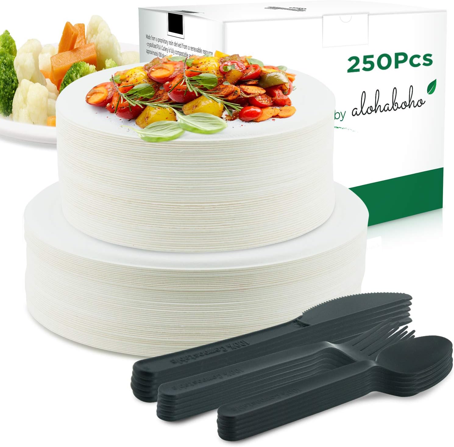 Black Friday - 60% OFF 250 Pieces Disposable Dinnerware Set, Compostable Sugarcane Cutlery Eco-Friendly Tableware Includes Biodegradable Paper Plates, Forks, Knives and Spoons Combo for Party, Camping, Picnic (Black)