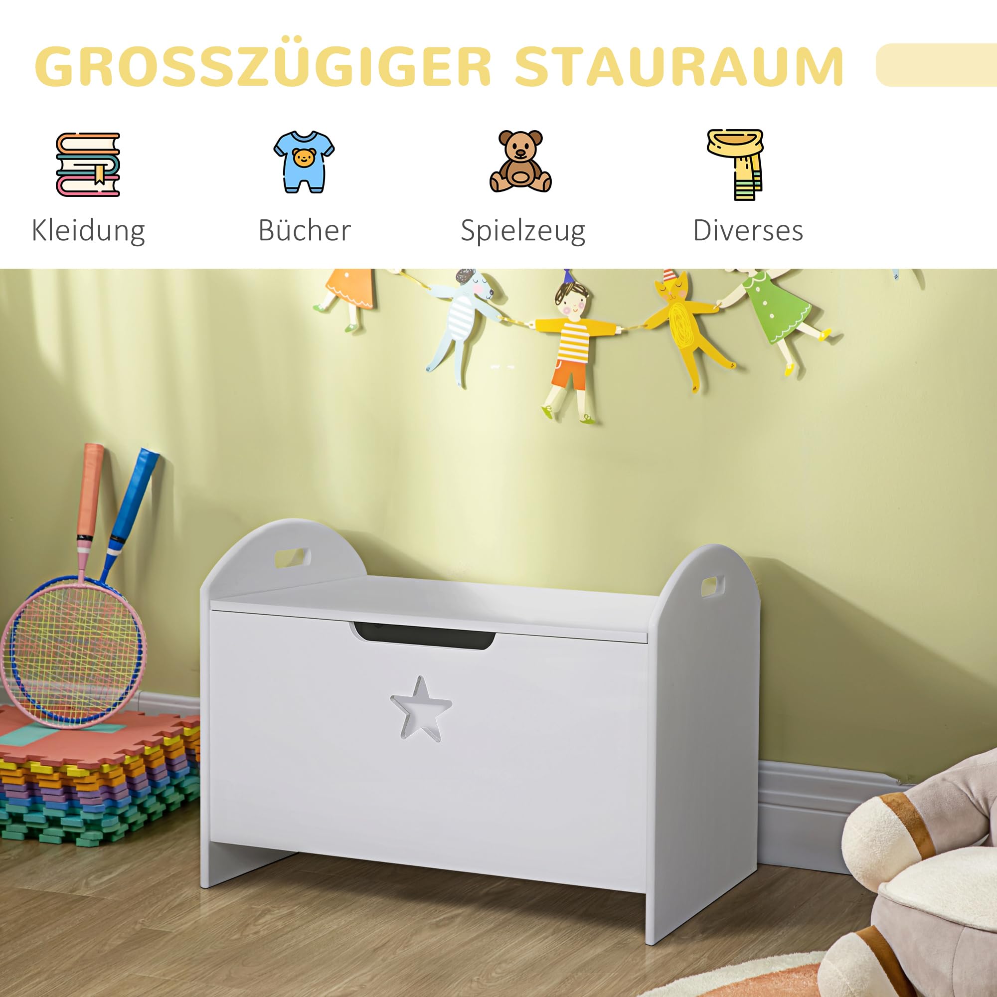 HOMCOM Spielzeugkiste aus Holz Sitzbank für Kinder Sitztruhe Aufbewahrungsbox für Kinderzimmer Bücher Spielzeug Spieltruhe für Kinder Sicherheitsscharnier Weiß 62 x 40 x 46,5 cm