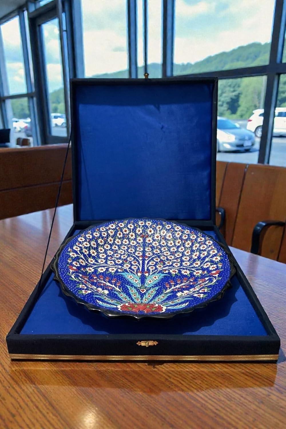 SODEF Ceramic Decorative Plate with Velvet Box, Handmade Tree of Life Iznik Tile Art, 12-Inch Display Plate, Turkish Home Decor, Dark Blue - Dark Blue