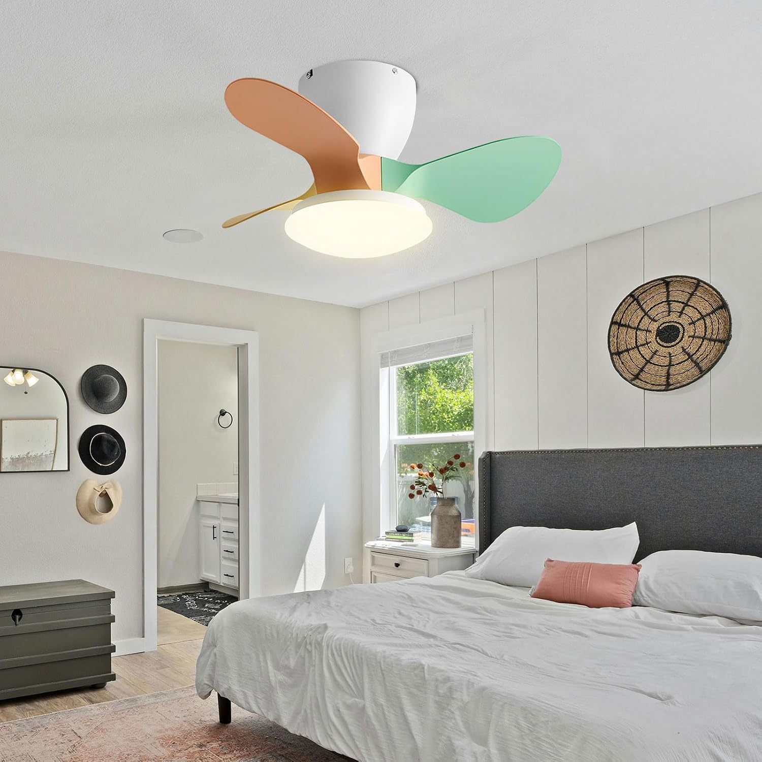 Quiet Small Ceiling Fan with Remote and Wall Switch Modern 24in Ceiling Fans with 24W LED Lights for Bedroom Living Room Balcony Lounge Indoor 6 Speeds Ceiling Fan with Light 3 ABS Blades