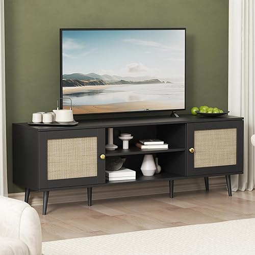 Miniatura 7 de Soporte de TV de ratán para TV de 55/65/70 pulgadas, centro de entretenimiento bohemio de 59 pulgadas con almacenamiento, consola multimedia moderna