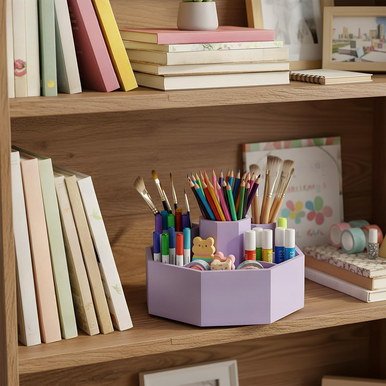Soporte giratorio de bambú para lápices, organizador de suministros de arte, escritorio giratorio de 360°, organizador de bolígrafos pastel, regalos para Navidad, organizador de escritorio
