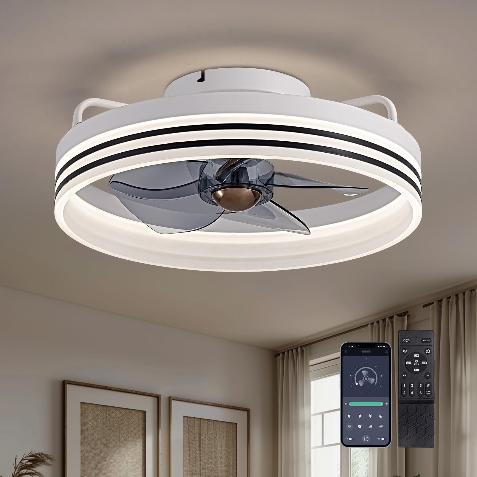 Ceiling Fans with Lights and Remote, Low Profile Ceiling Fan with Stepless Dimming Lighting, 6 Wind Speeds, 15.7 Inch Flush Mount Ceiling Fan for Bedroom