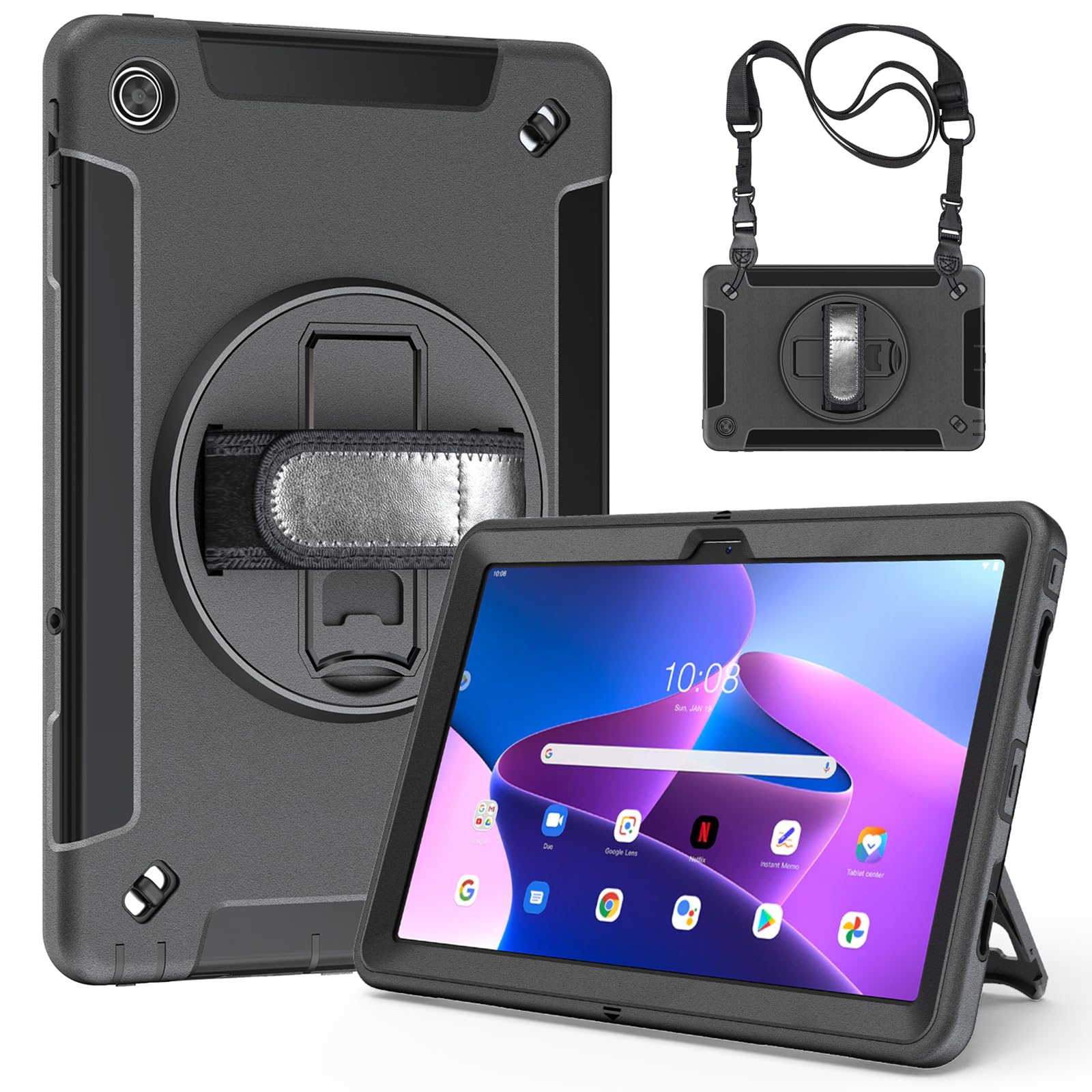 Junfire Case for Lenovo Tab M10 Plus 3rd Gen 10.6 inch 2022 (TB125FU/TB128FU/TB128XU), Rugged Protective Case with Rotating Kickstand Hand Strap Shoulder Belt for Lenovo M10 Plus Gen 3 Tablet, Black