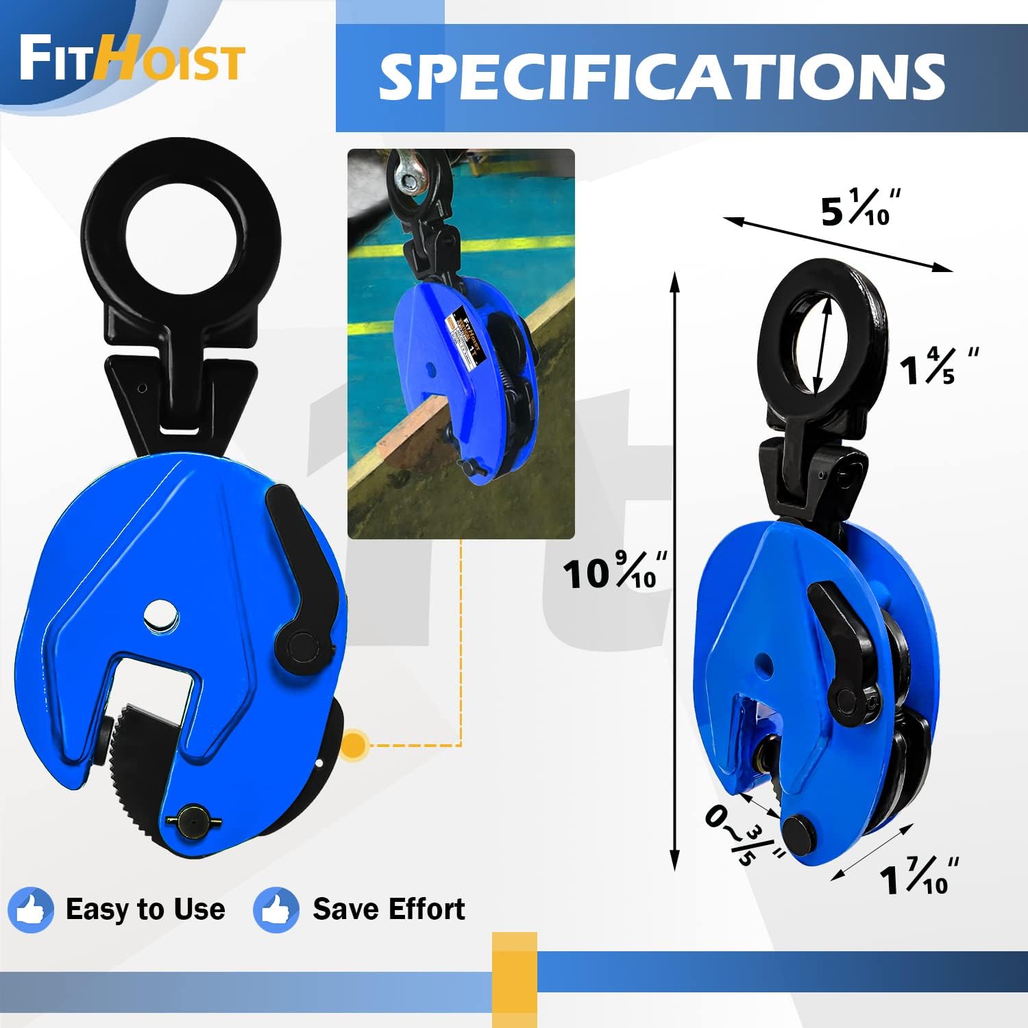 FITHOIST Vertical Plate Clamp 2200Lbs | 1 Ton Load Capacity Lifting Clamp | Jaw Opening 0.6 inch | Heavy Duty Plate Clamp for Lifting and Transporting - - 
