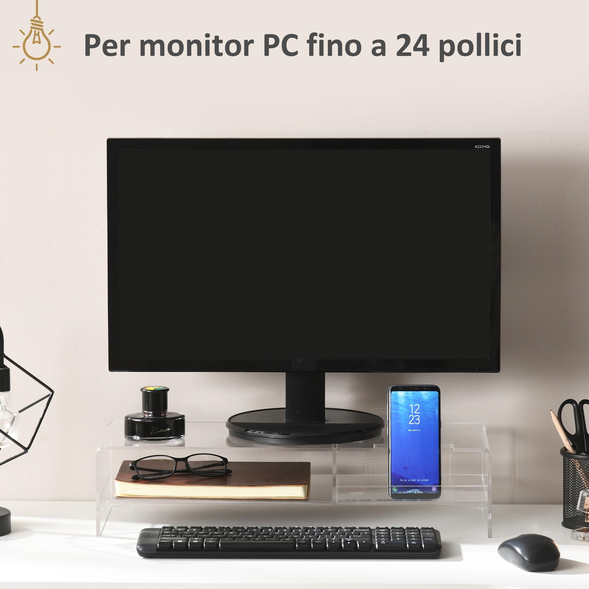 Supporto Per Monitor In Acrilico HOMCOM - 50.8x19x12 Cm, Trasparente, Portata 5 Kg - Foto 3