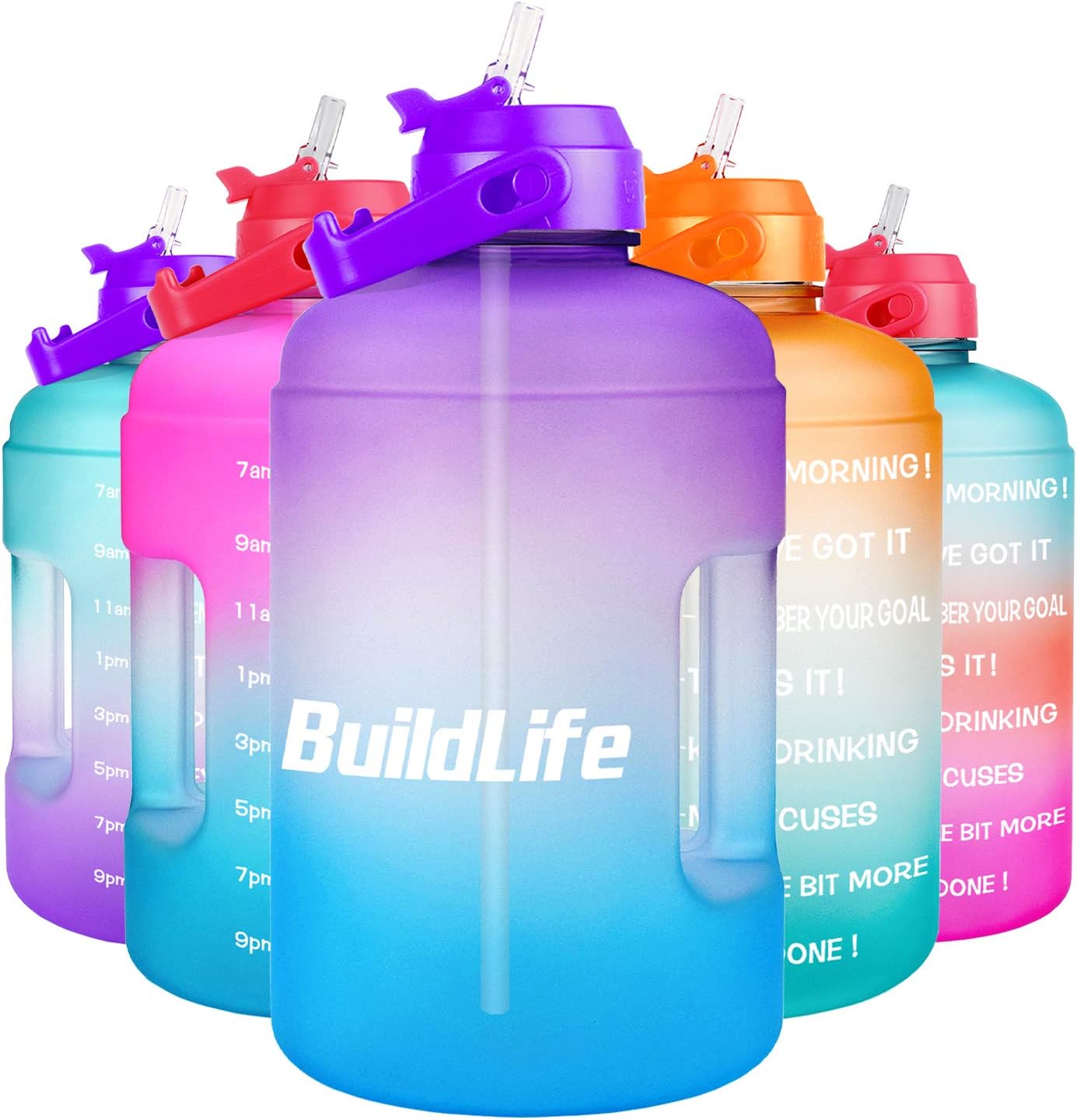 BuildLife 1 Gallon Water Bottle -Leakproof Straw Lid BPA Free Water Jug with Motivational Time Marker & Phone Holder Handle to Remind You Drink Enough Water Throughout The Day for Goals