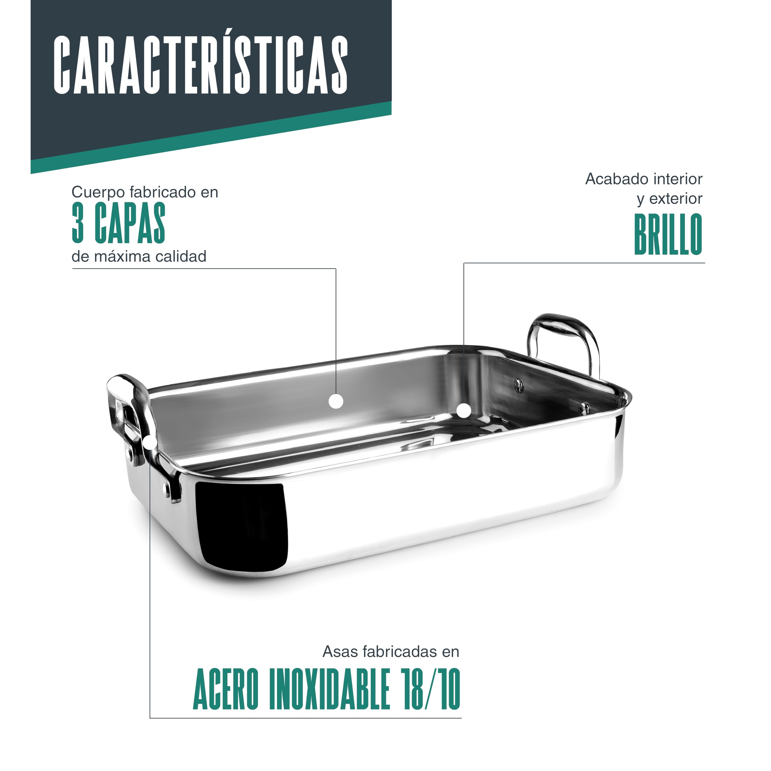 Lacor - 60865 - Rustidera TriChef, 35 x 26 cm, 5 Litros, Acero Inoxidable 18/10 y Aluminio Tricapa, Apta para Inducción, Horno y Lavavajillas, Asas Reforzadas, Distribución Uniforme del Calor