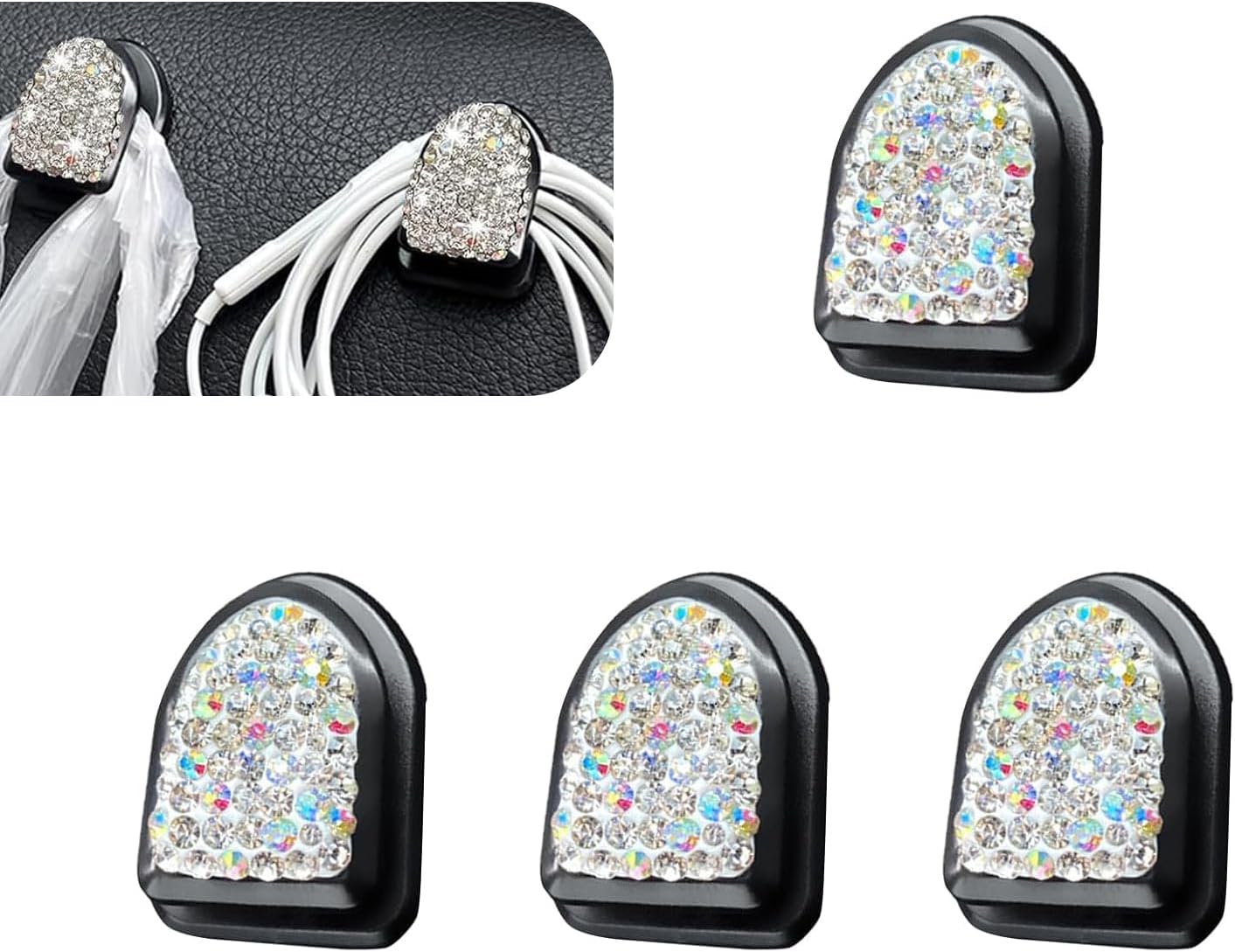 4 PCS Bling Rhinestone Car Mini Hooks, Hidden Multifunctional Car Interior Storage Hook for Keys, Charging Cable, Dashboard Decor Organizer Hanging Hook, Universal for Most Cars (White)