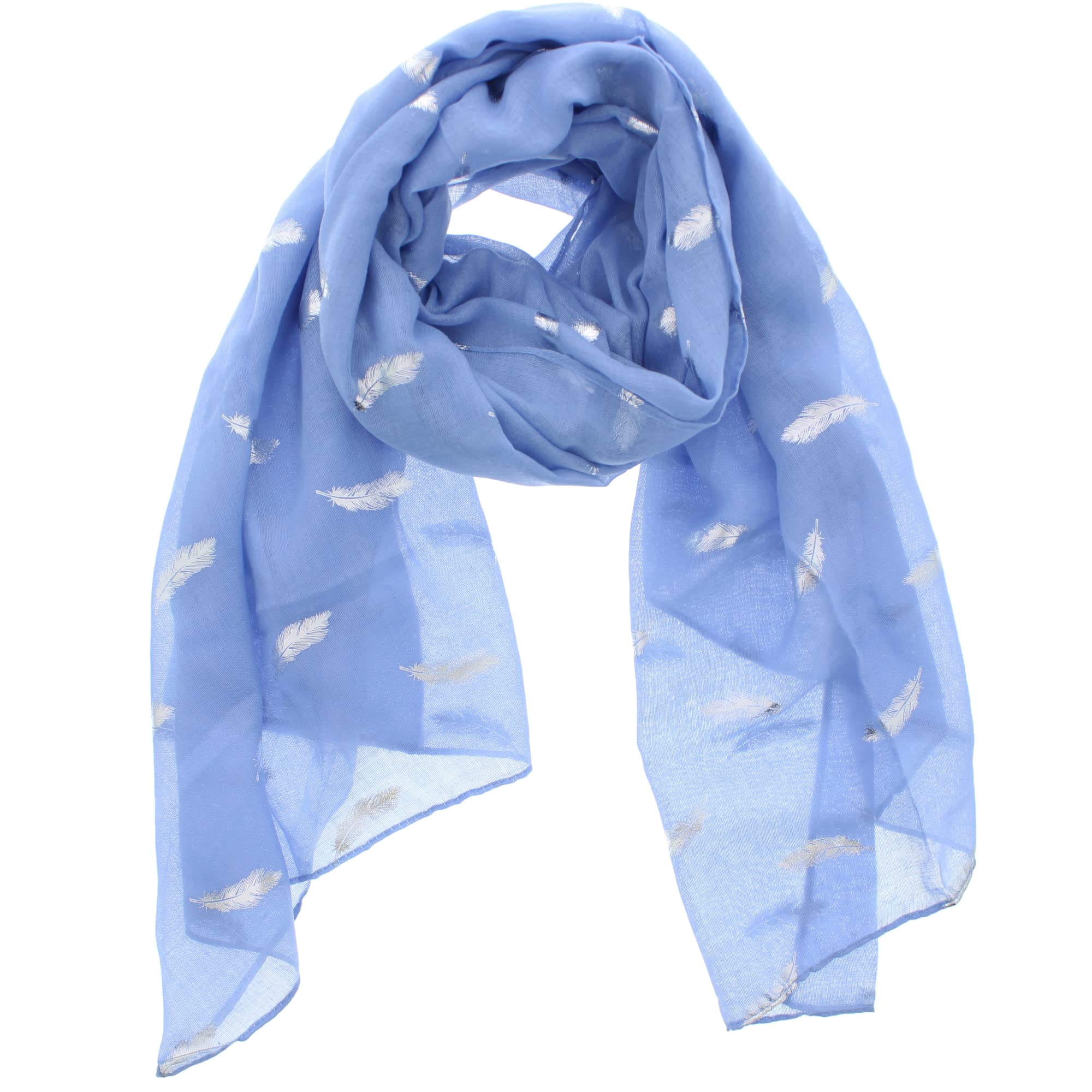 Zac's Alter Ego Women's Baby Blue With Silver Feathers Scarf With Silver Metallic Foil Mini Feather Print