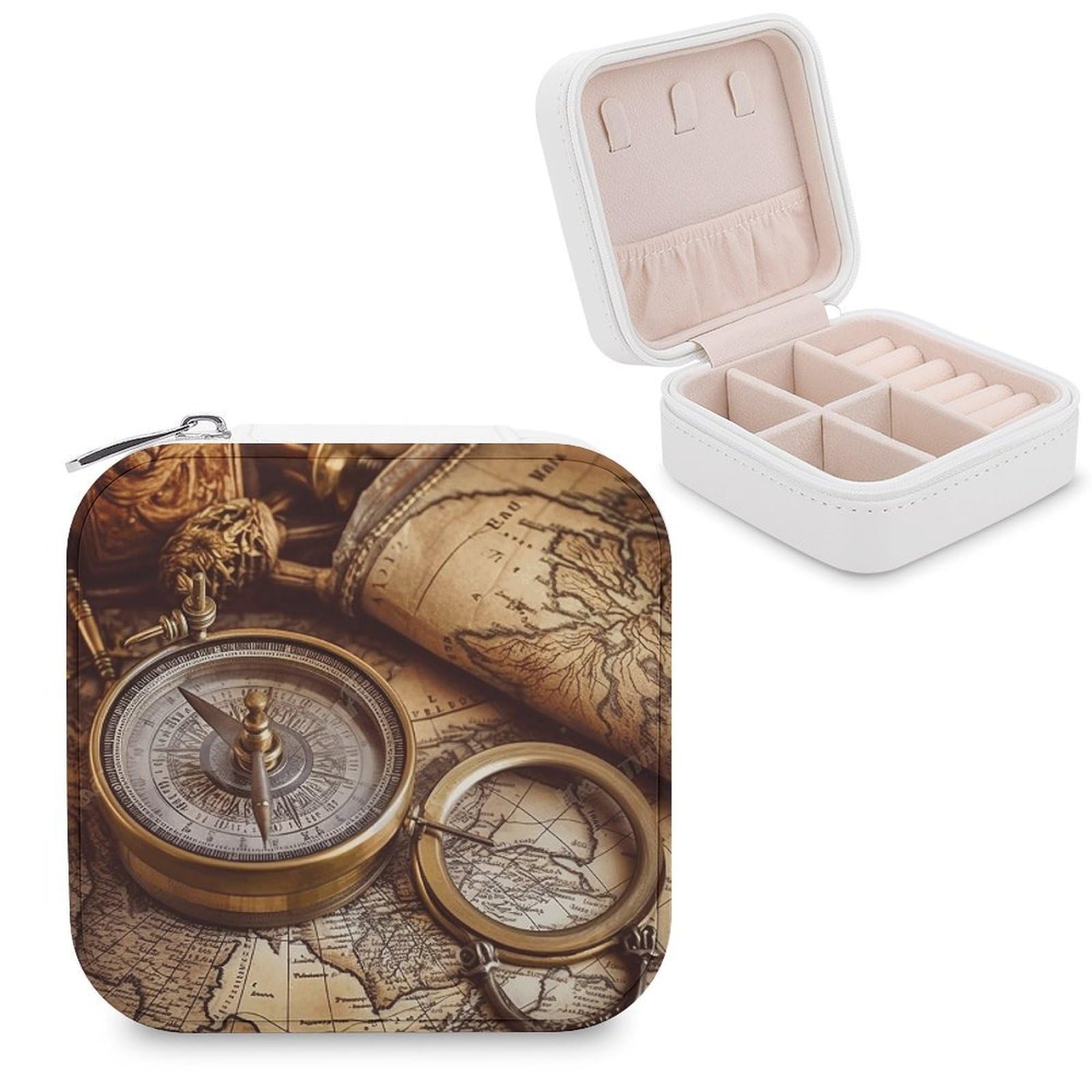 VstaDank Compass And Old World Map Jewelry Box for Women Custom Travel Jewelry Case Personalized Travel Jewelry Boxes Small Portable Jewelry Organizer Box for Rings Necklaces Bracelets Earring