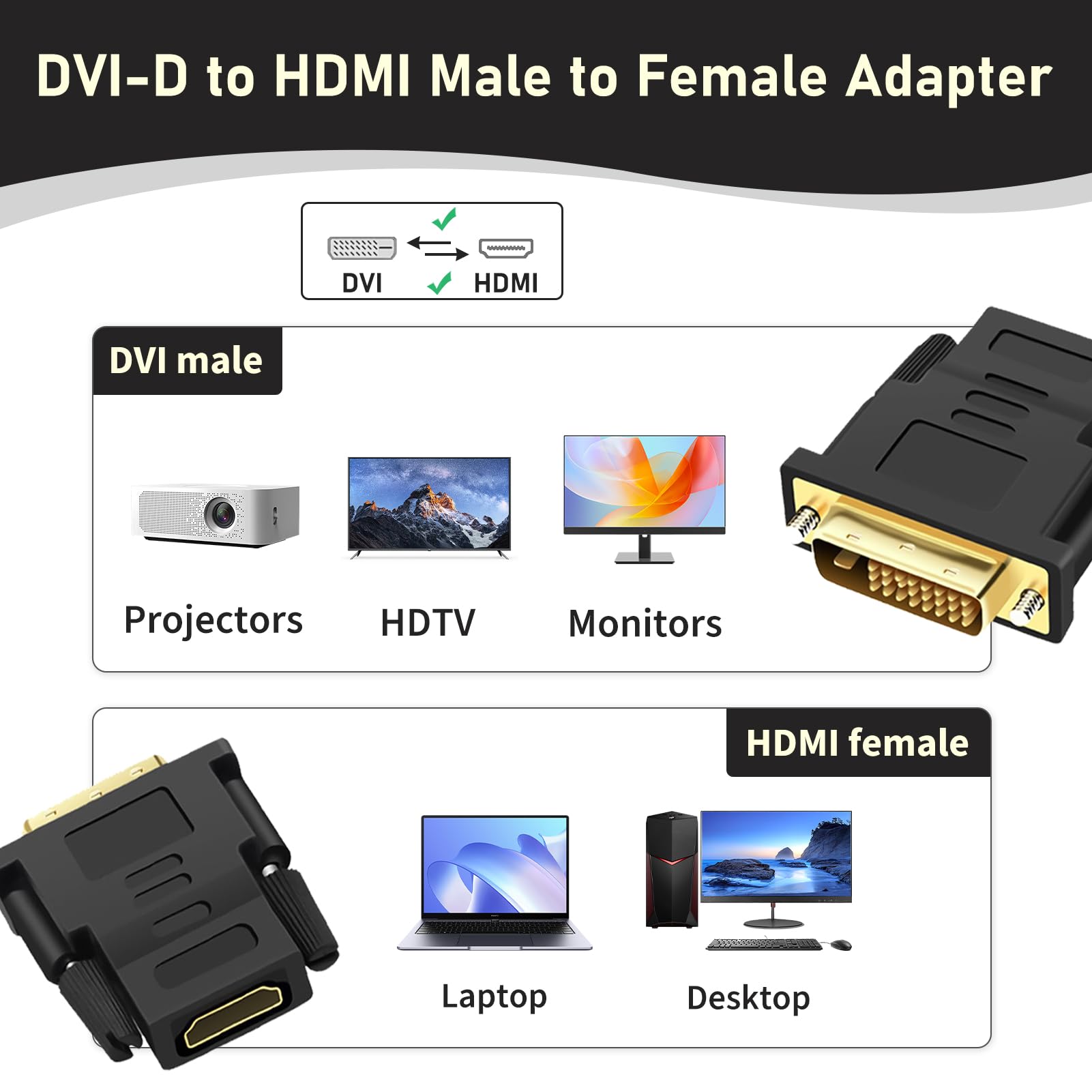 Adaptateur DVI vers HDMI Bidirectionnel Mâle vers Femelle, Connecteur Vidéo Numérique Full HD 1080p, Plaqué Or