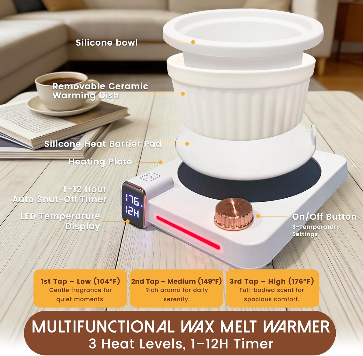 Wax Melt Warmer 3-in-1 Candle Warmer with Timer, 12H Auto Shut Off & 3 Temperature Settings, Electric Scented Wax Melter for Home Office Bedroom, Safe Fragrance Warmer for Women Mom White