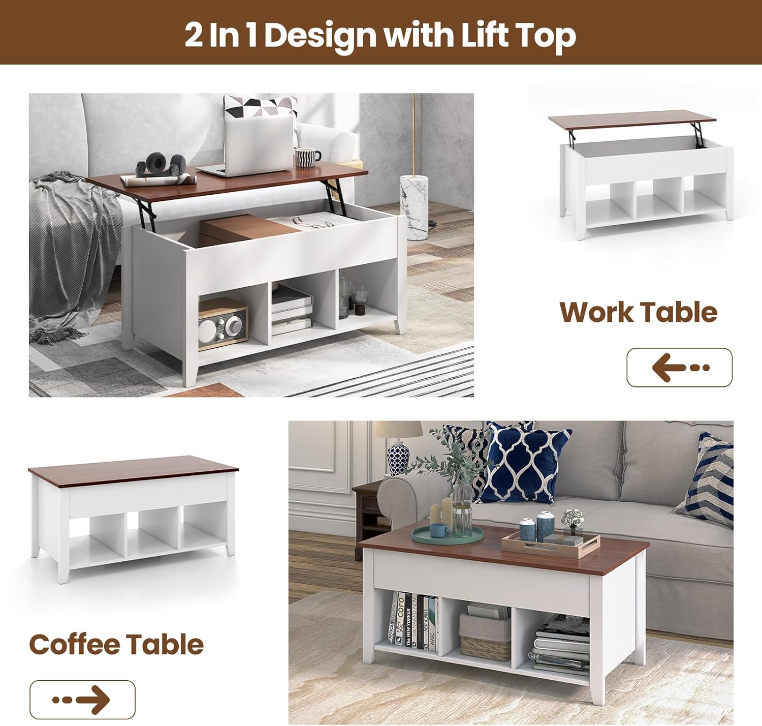 GOFLAME Lift Top Coffee Table, Center Table with Lift Tabletop, Hidden Compartment, 3 Open Shelves, Middle Leg, Anti-Slip Foot Pads, Modern Accent Table for Living Room, Reception Room (White)