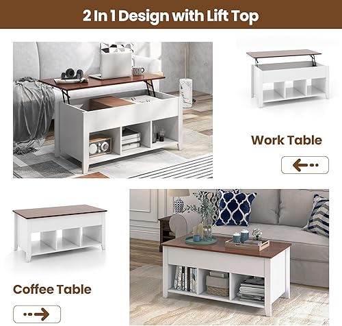 Miniatura 7 de GOFLAME Mesa auxiliar elevable, mesa central con mesa elevadora, compartimento oculto, 3 estantes abiertos, patas medias, almohadillas