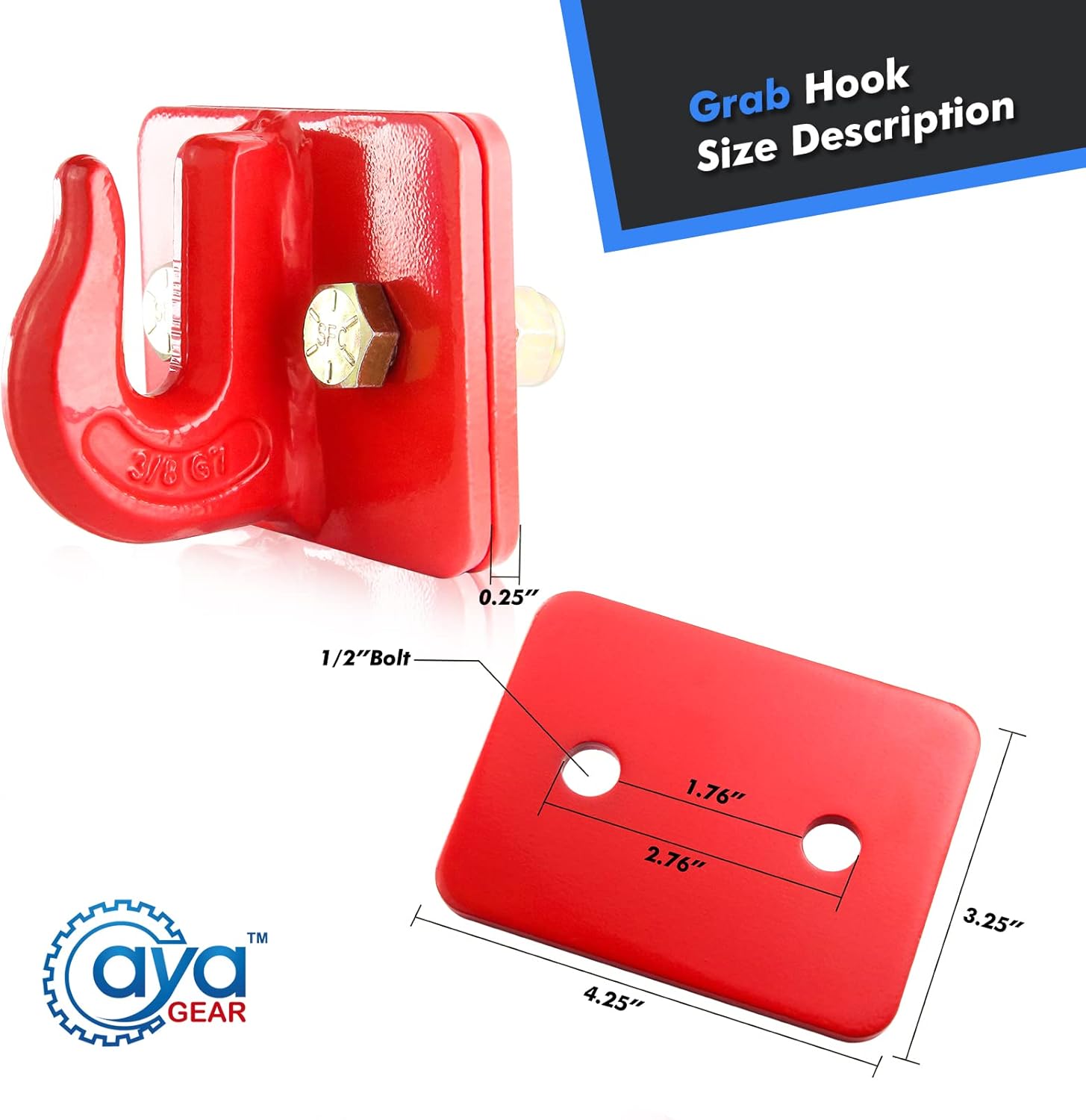 2 Pack 3/8-in Bolt On Grab Hook Mount with Backer Plate Grab Hook Grade 70 Forged Steel Tow Hook Work Well for Loader, Tractor Bucket, RV, UTV,Truck (Red)