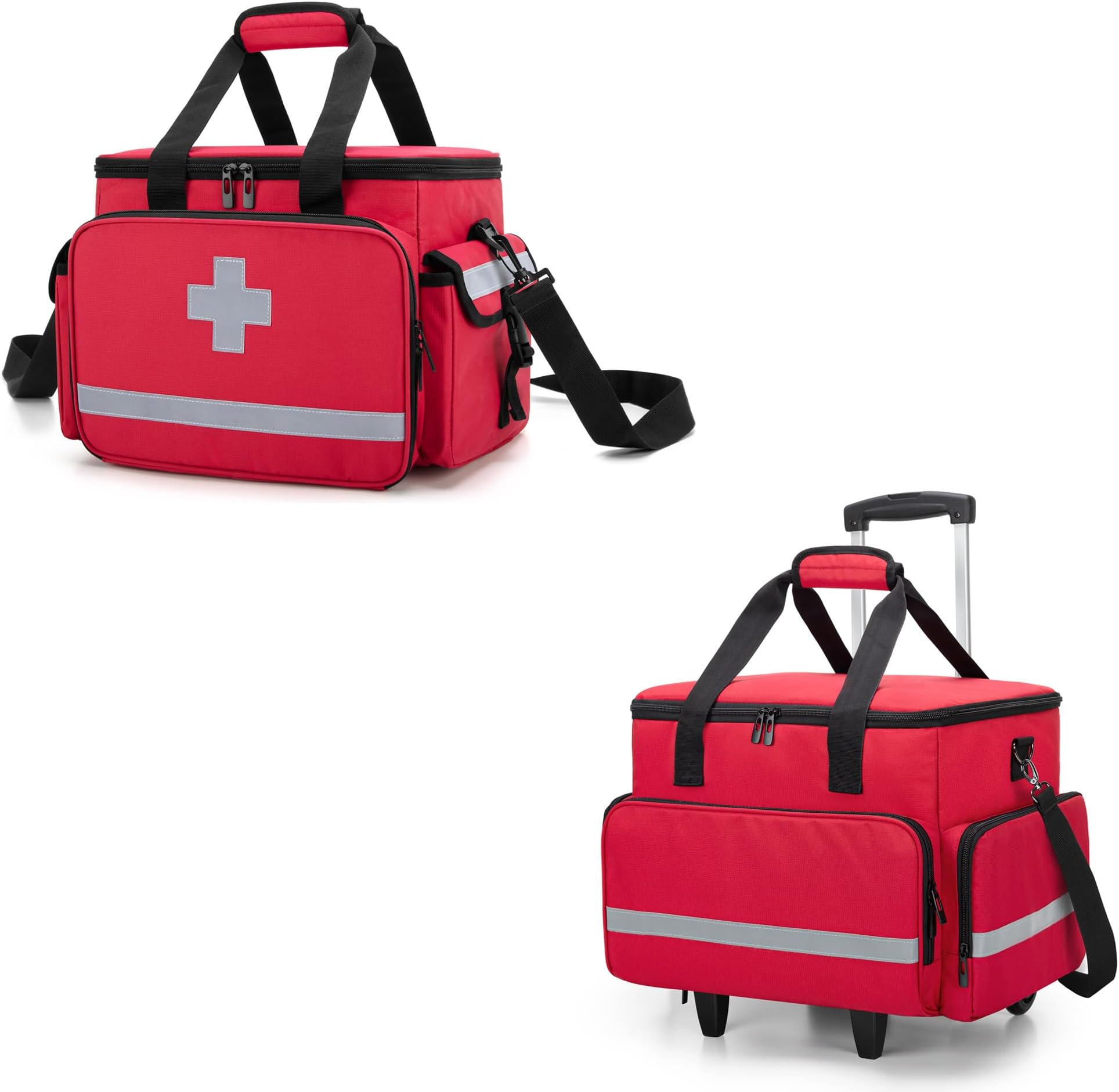 CURMIO First Aid Kits Bag Empty, Emergency Supplies Bag Rolling Medical Bag for Home Health Nurses, Doctors, EMT, EMS Professionals, Red