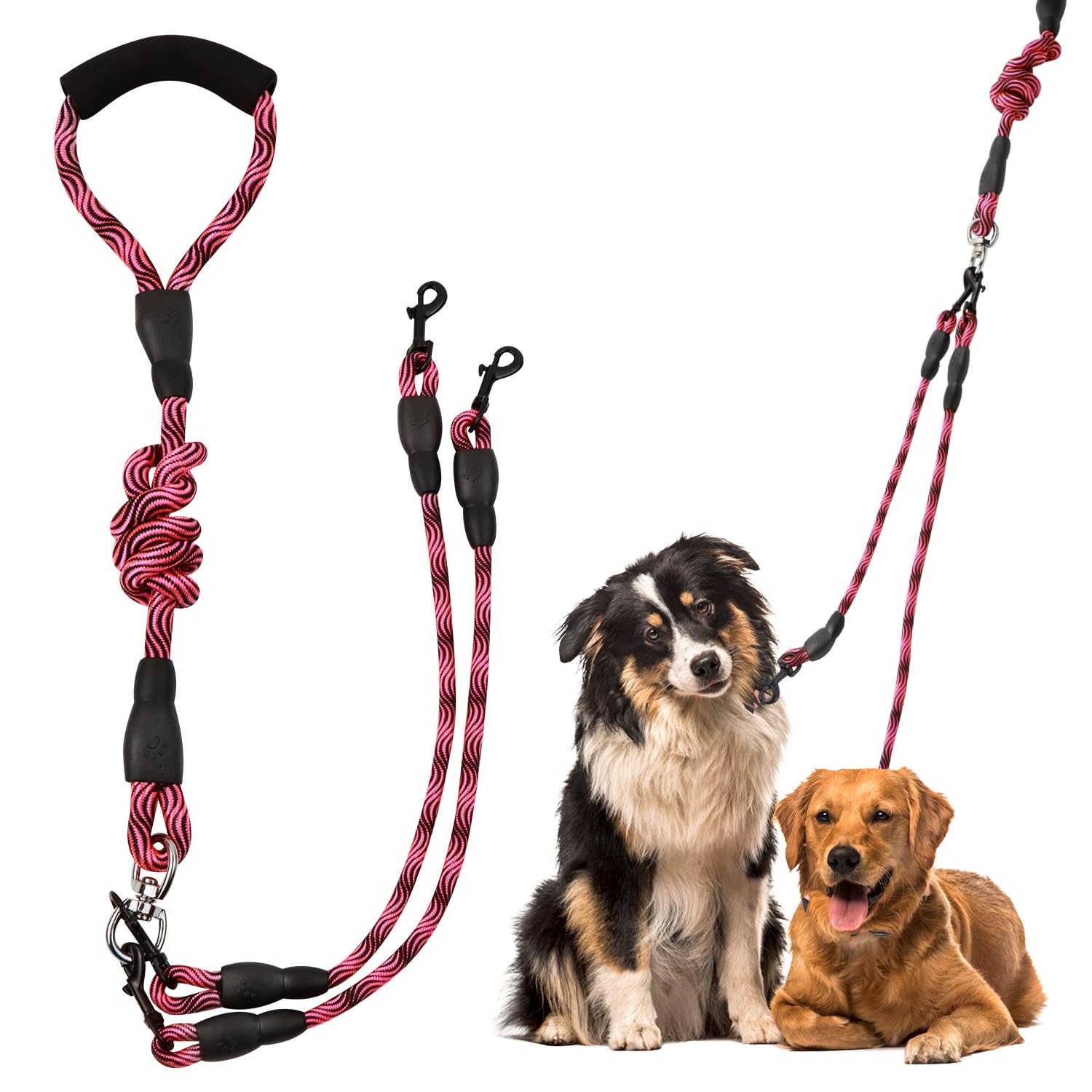 Momgyaamz Double Dog Leash, Tangle-free, Detachable, For Small & Medium Dogs, Pink, 150 cm, roses