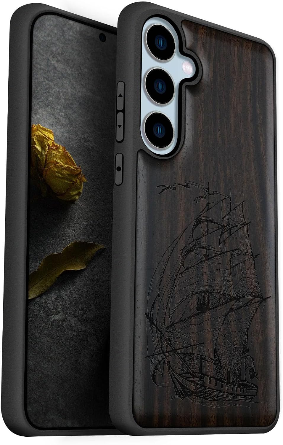 Carveit Wood Case for Galaxy S24 FE Case [Natural Wood & Black Soft TPU] Shockproof Protective Cover Unique Wooden Design Compatible with S24 FE (Pirate Ship-Walnut)