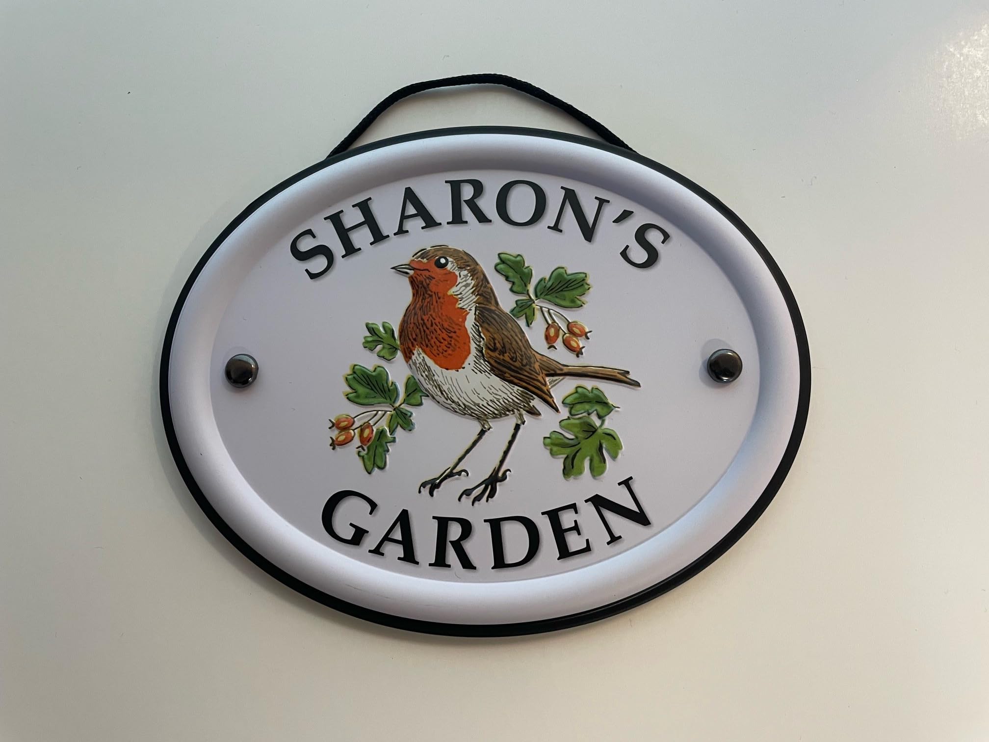 Personalised Embossed Metal Garden Sign 12x15cm – British Bird Design – Outdoor Decorative Hanging Garden Plaque – Weatherproof Metal Sign for Garden Walls Fences or Sheds (Sharon)