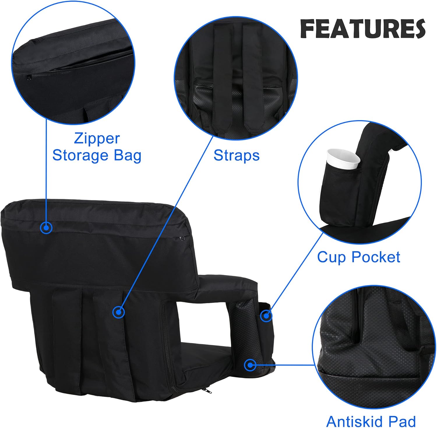 Reclining Stadium Seat Chairs for Bleachers Foldable Camping Seat with Padded Backrest and Adjustable Armrests Black : Sports & Outdoors