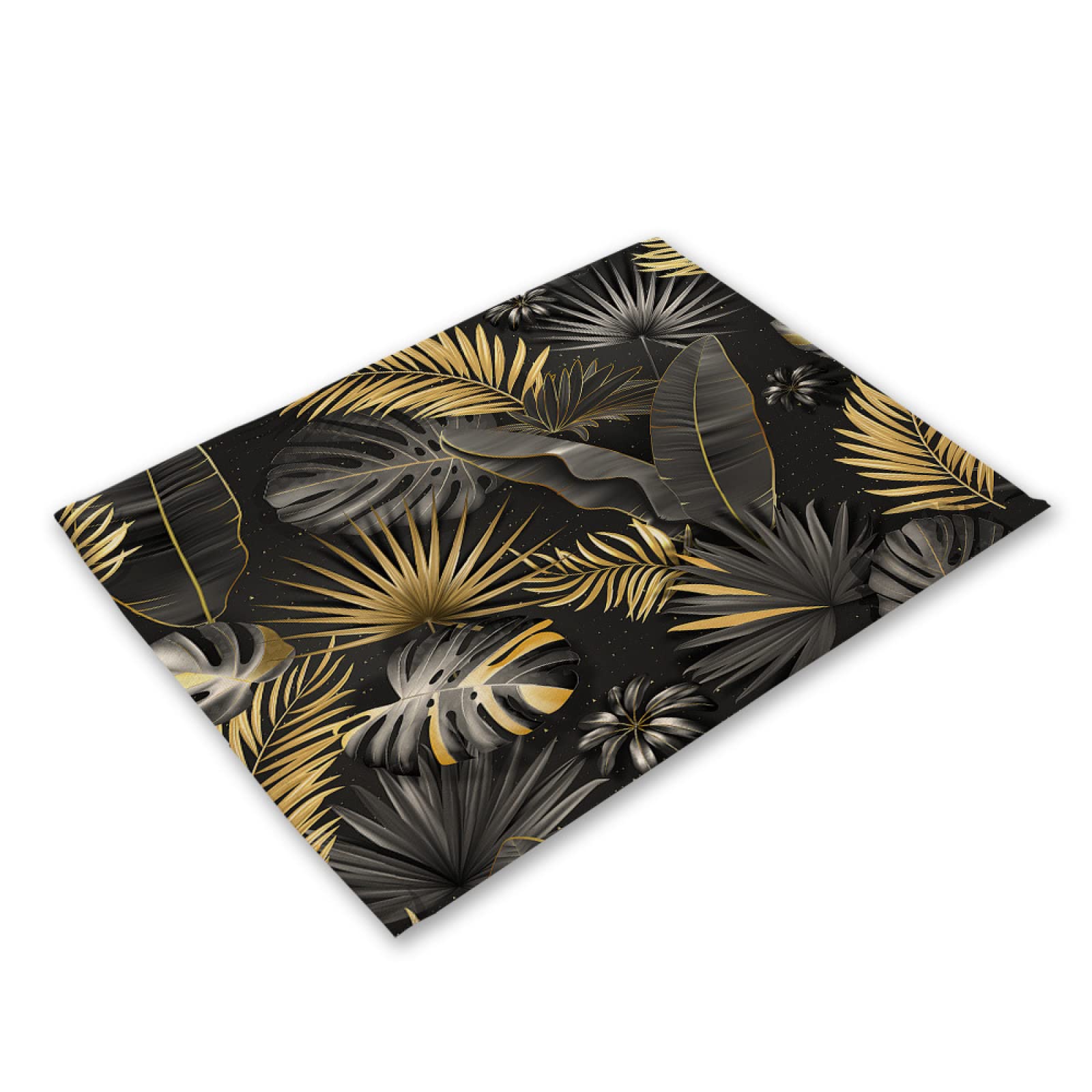 Manteles Individuales Hoja Dorada Negra Salvamanteles Individuales Algodón Lino Lavable Mantel Individual Resistente al Calor Individuales Mesa Engrosamiento Bajoplatos 30x45cm 8 Pcs