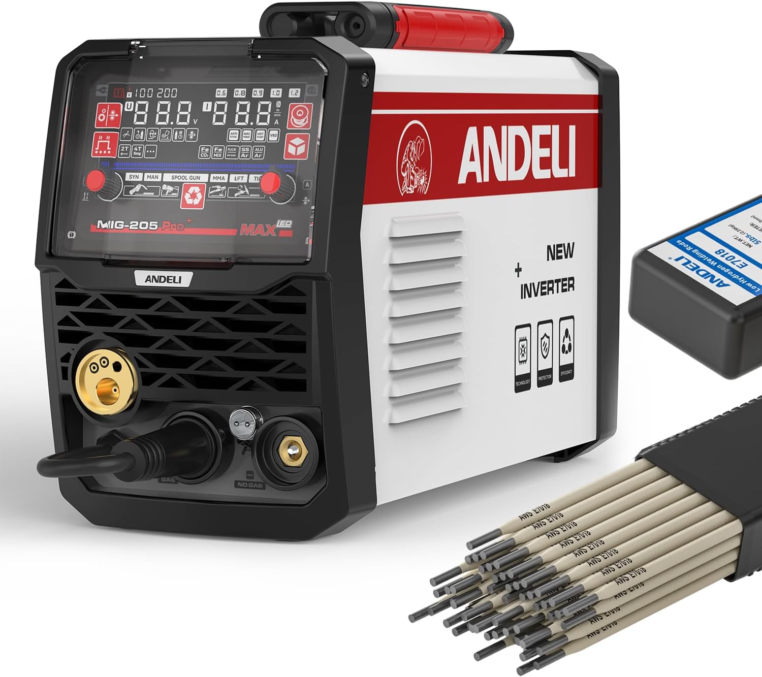 ANDELI 205A MIG Welder, [Large LED Display] 6-In-1 Multi Process Gas MIG/Flux Core MIG/Spool Gun MIG/Spot welding/Lift TIG/Stick Aluminum MIG Welding Machine With Welding Rods, E7018 5LB, 3/32"