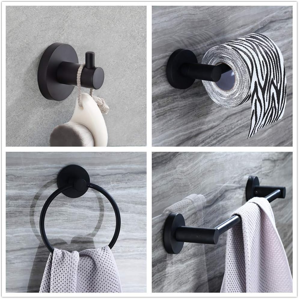 4-Piece Bathroom Hardware Set Black Wall Mounted, Robe Hook, Wall Toilet Paper Holder, Towel Ring, Adjustable Towel Bar(18’’-24’’),Bathroom Accessories Black Painted