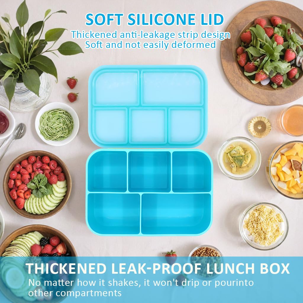 Lot de 2 boîtes à bento en silicone platine avec couvercle, 1,8 l, 5 compartiments étanches, passent au micro-ondes, au congélateur, au lave-vaisselle, sans BPA (bleu + vert)