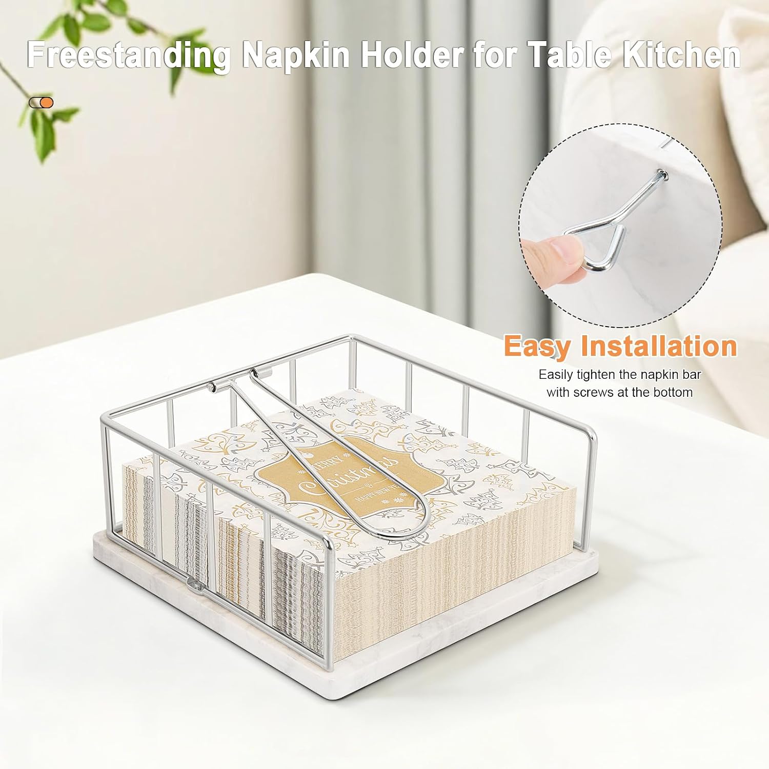 Livabber Flat Napkin Holder, Metal Kitchen Napkin Storage with Weighted Tension Arm Rustic Tissue Paper Dispenser for Countertop, Table Kitchen, Dining Room (With Marble Base, Chrome)