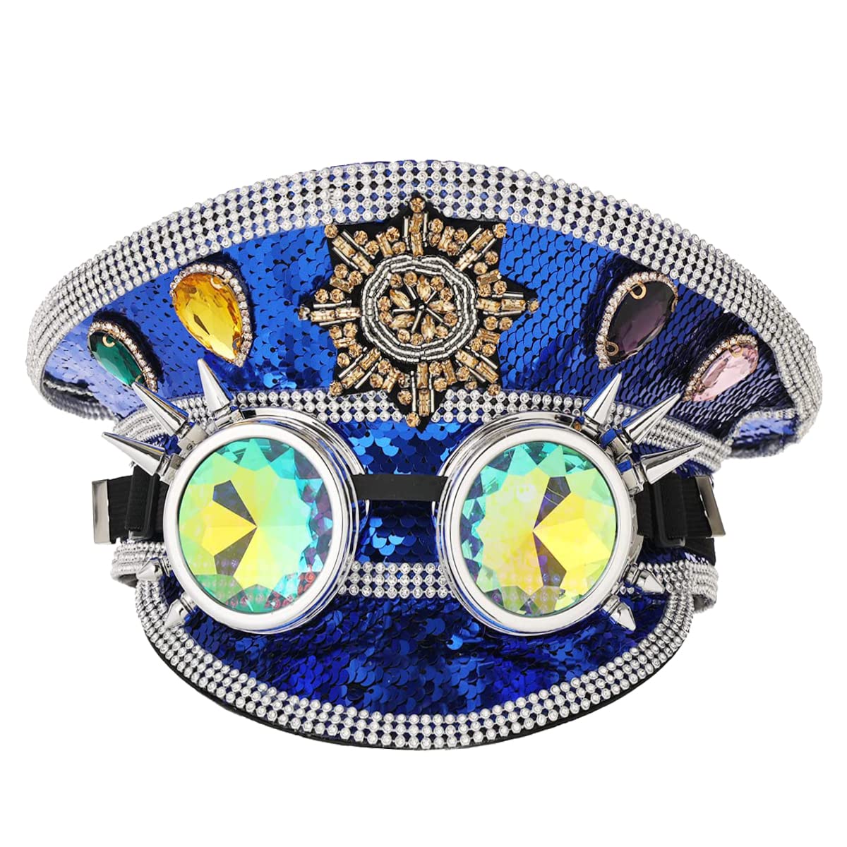 GRACEART Music Festival Hat Sequin Military Captain Top Hat Adults Halloween Steampunk Headwear Caps with Goggles