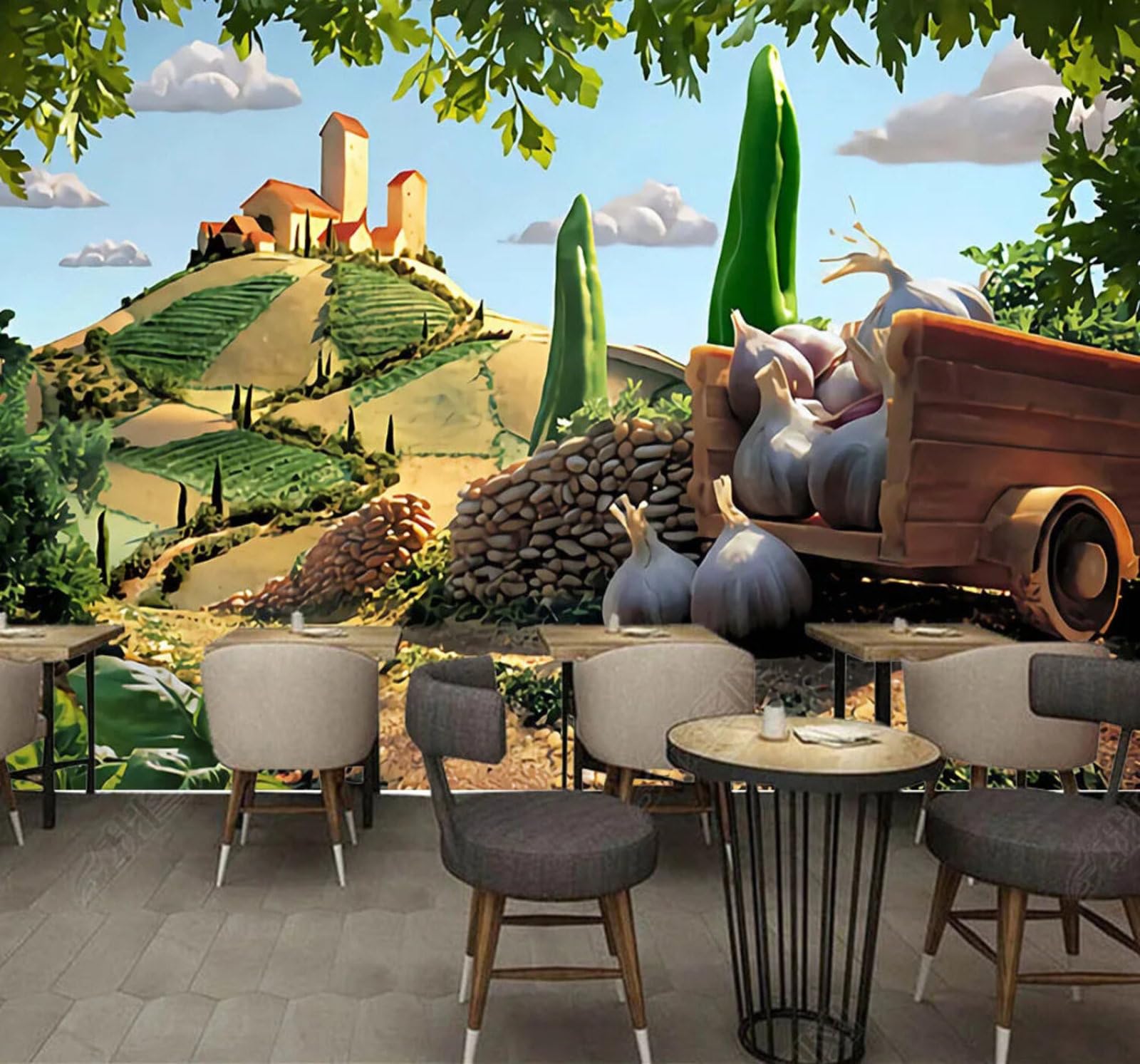 Wallpaper-3D-Xlm 250Cm×170Cm(B×H) Fresh Vegetables Houses Countryside Landscape 3D Wallpaper Easy Install Feature Office Living Room Sofa Bedroom Tv Background Wall Decoration-250Cm×170Cm