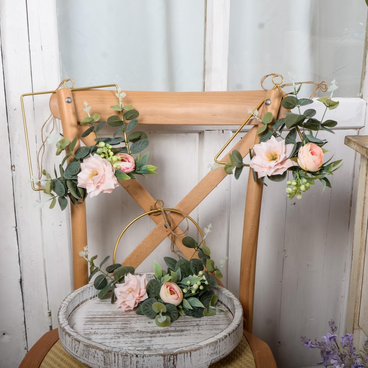 Fermus Floral Hoop Wreaths Set of 3 Artificial Flower Hanging Wall Hoop Garland with Pink Clematis Tea Rose Flowers and Green Eucalyptus Leaves for Wedding Nursery Wall Decor