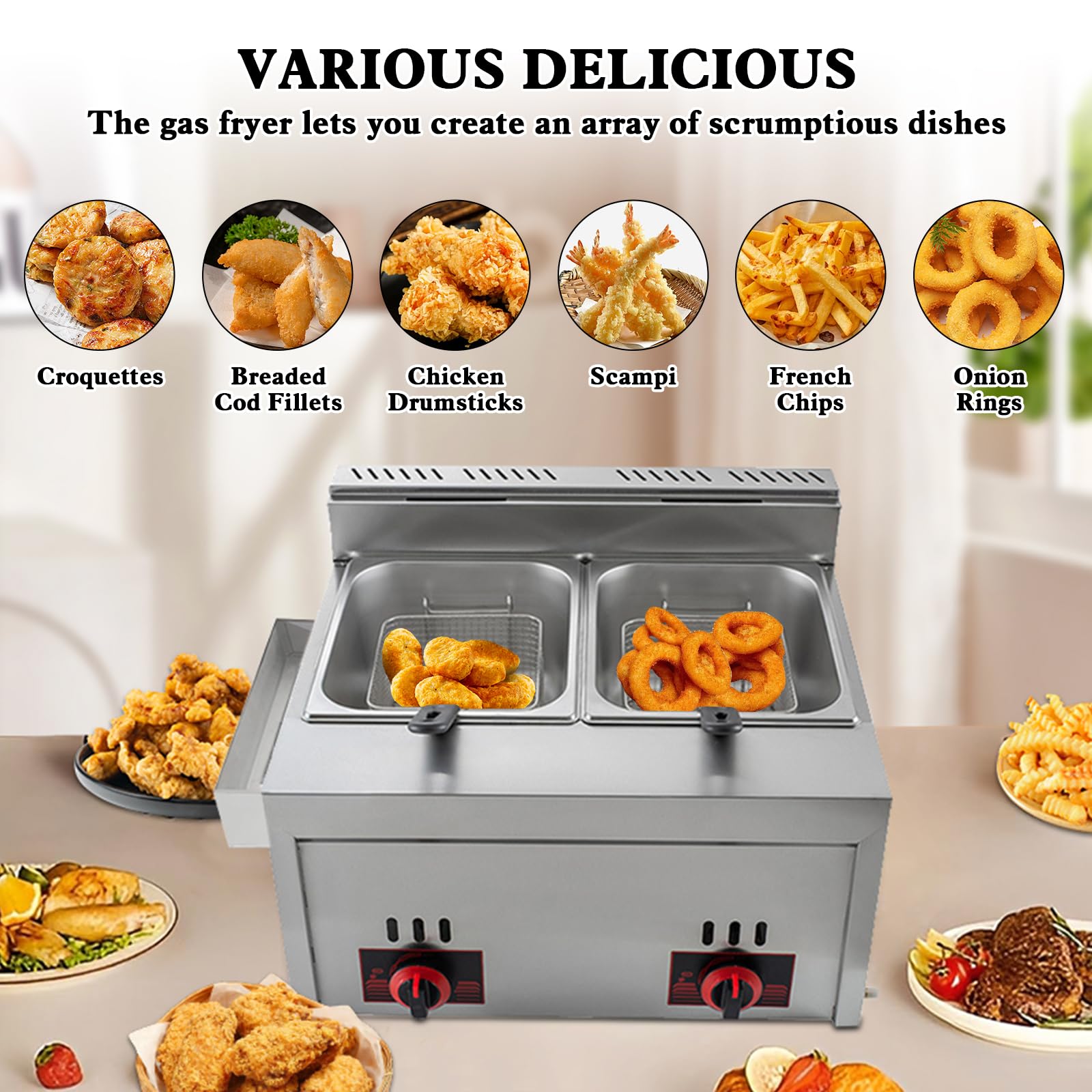 Friggitrice a Gas Commerciale, Doppia Friggitrice a Gas 6L+6L con 2 Cestelli e 2 Coperchi, Temperatura Regolabile, Riscaldamento Rapido per Uso Commerciale e Domestico, Ristoranti e Snack Bar