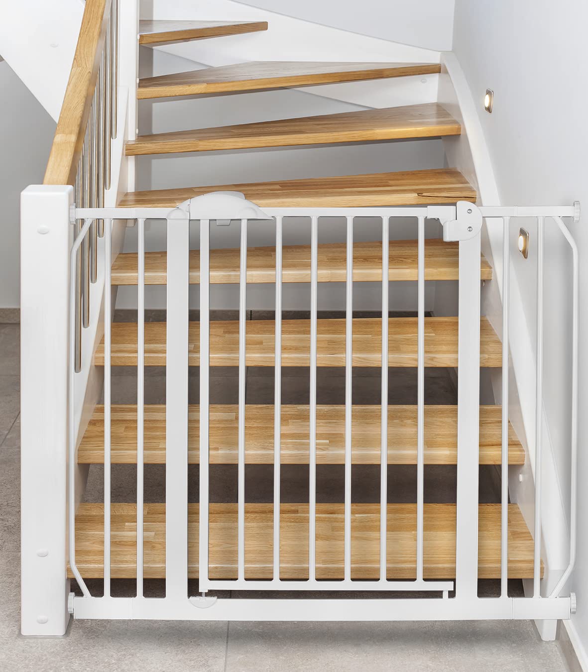 Nukido Barrera De Seguridad para Niños Extensible 75-105 cm Montaje Fácil Sin Tornillos Valla Metálica para Puerta Escalera Blanco