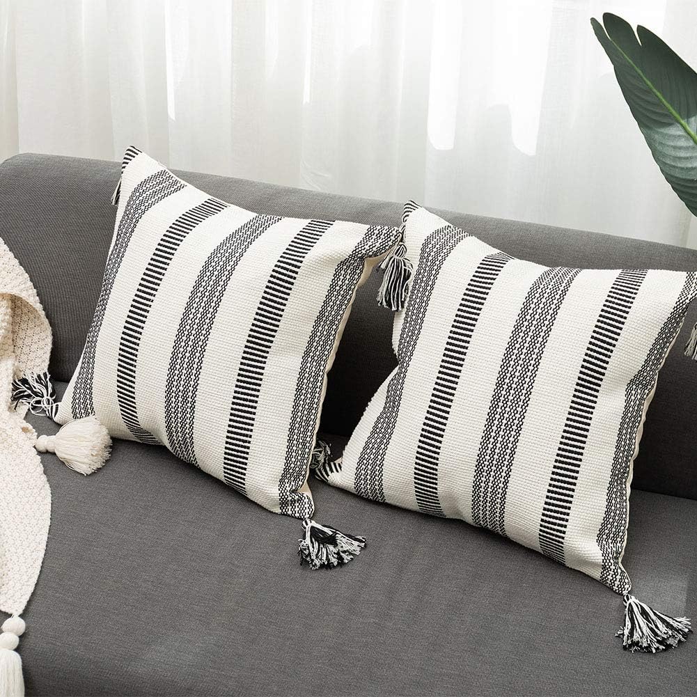 Decorative Striped Black White Throw Pillows Cover Set, Modern Textured Farmhouse Pillow Cover for Couch , Square Boho Pillow Cases (18x18 Inches, 2 Pack) : Home & Kitchen
