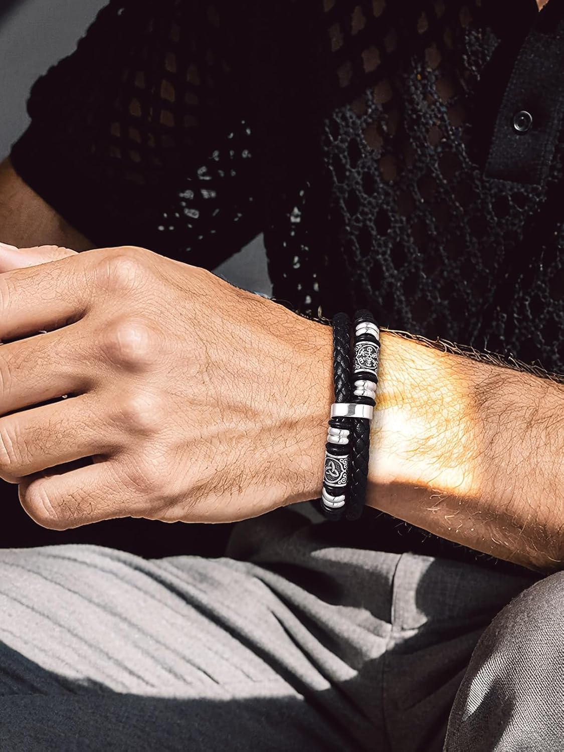 Bandmax Mens Black Double Wax Rope Cuff Bracelets Waterproof Stainless Steel Norse Style Celtic Knot Beads Bracelet Wristband Gift for Men - Image 5