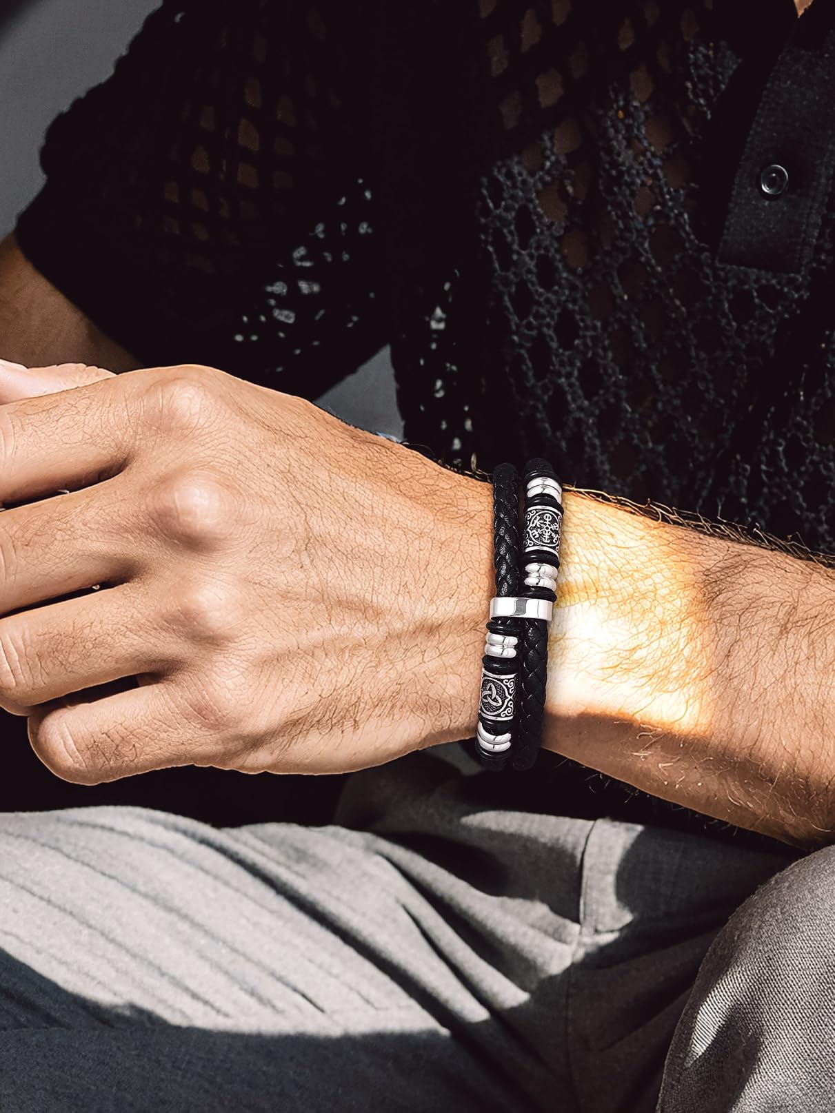 Bandmax Longueur de 19/21/23/25 cm, Bracelet Cuir Homme avec Fermoir Magnétique - Bracelet PU Tressé avec Manchette Double Couche - Pour Papa Fils Petit-ami - Cadeaux Fête des Pères