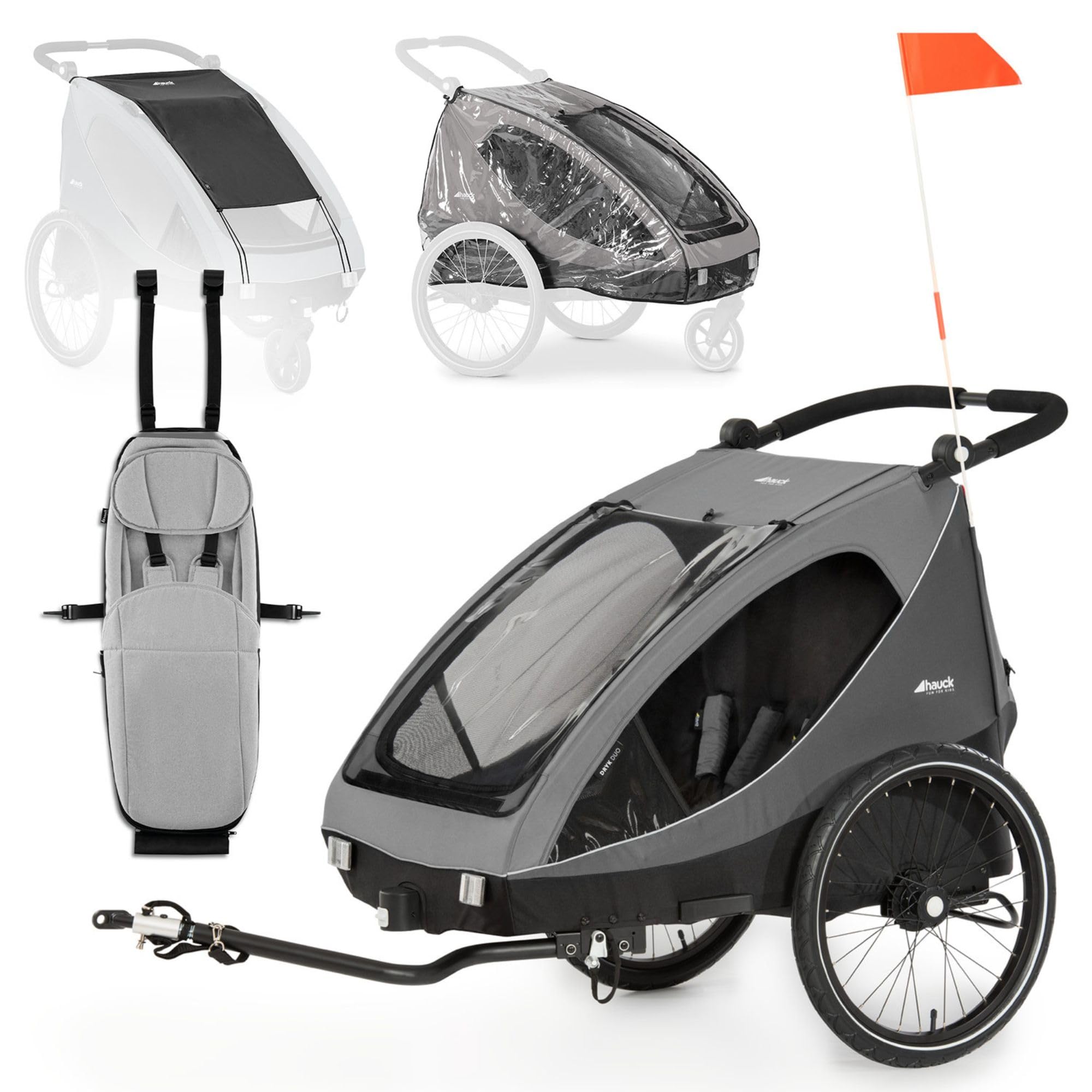 hauck 2in1 Fahrradanhänger Dryk Duo Set inkl. Baby Lounger | Zwillingsanhänger und Kinderwagen für 2 Kinder | faltbar & gefedert, XL Luftreifen