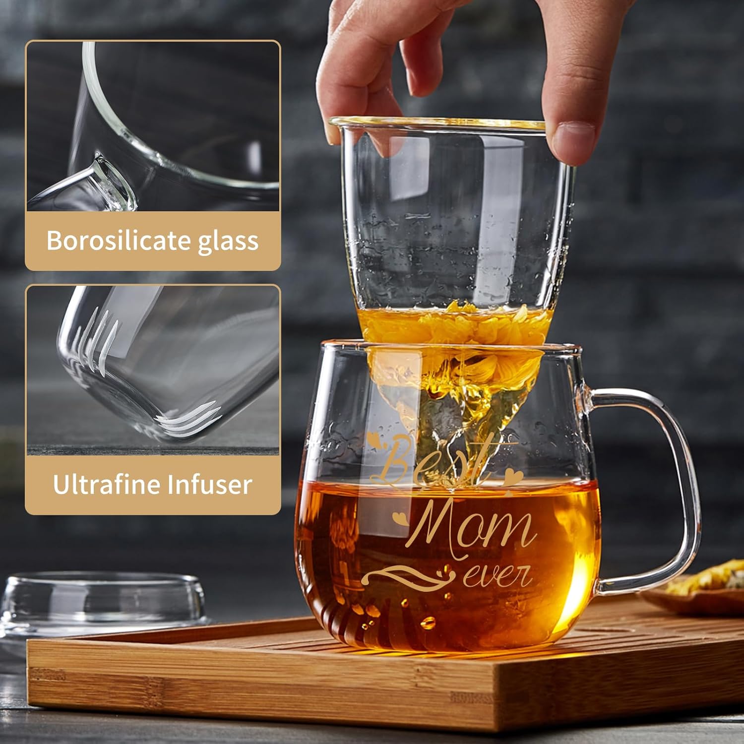 Glass Tea Cup 17.6oz, “Best Mom Ever” Mothers Day Cup with Gift Box, Gifts Mug for Mom, Glass Mug Teacup, Tea Cups for Mom Birthday, Perfect for Grandma & Daughter.