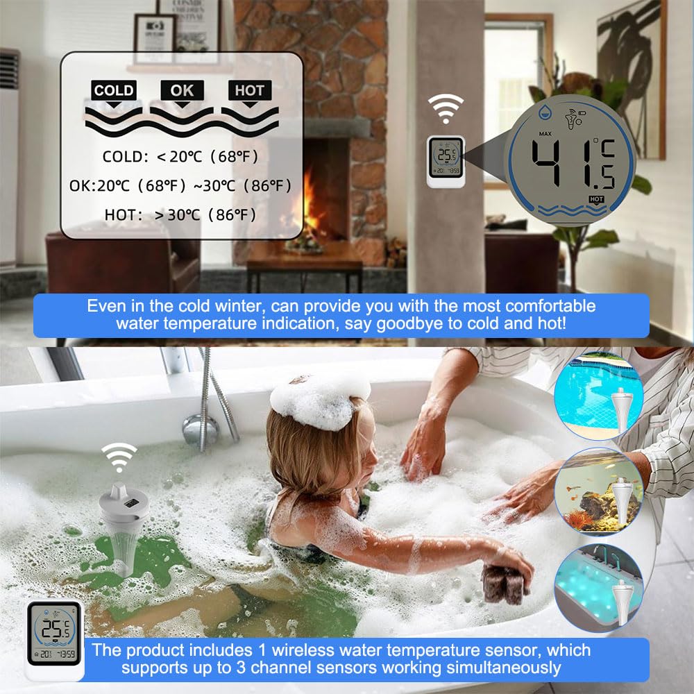 Thermomètre Piscine Sans Fil, Thermomètre de Piscine Flottant avec Capteur Extérieur, Thermomètre Piscine Connecté WiFi pour Spa, Jacuzzi, Baignoire et Étangs (Sans Pile)