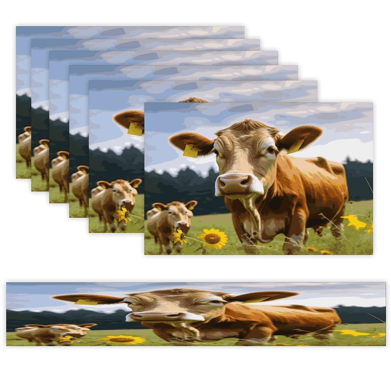 Animal Brown Cow Table Runner and Placemats Set of 6 Wipe Clean Heat Resistant Table Mat with Table Runner Decorations Flax Linen Place Mat Set for Home Kitchen Party Supplies