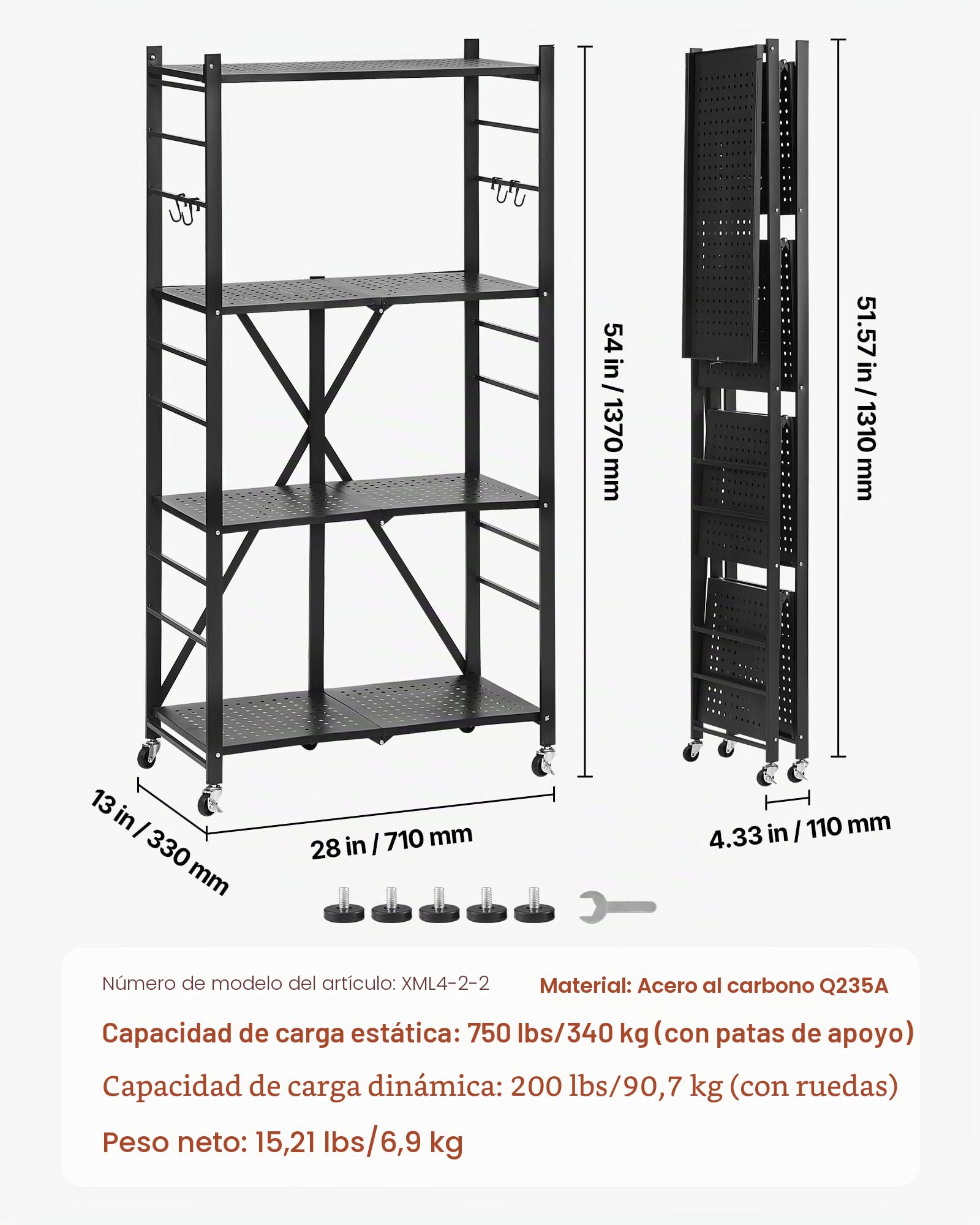 VEVOR Estante de Almacenamiento Plegable de 4 Niveles con Ruedas 71 x 33 x 137 cm Estantería Metálica Móvil Resistente, sin Necesidad de Ensamblaje, Organizador para Garaje, Cocina, Sótano, Negro