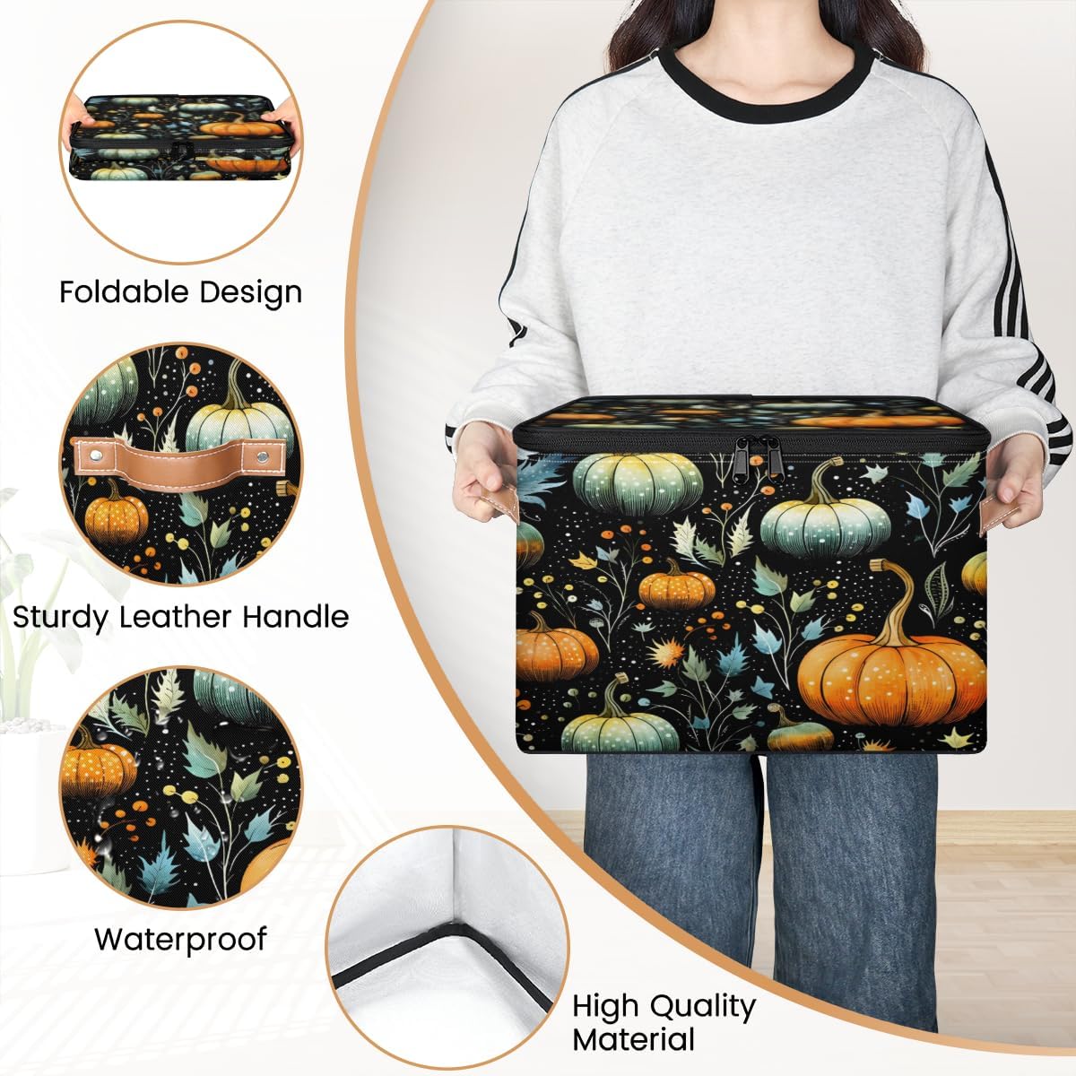 Storage Bin Set of 2 Pumpkin Leaves Storage Basket with Zipper Lid & Handle Foldable Closet Shelf 2 Pack Cloth Organizer Basket Cube Bins Clothes Organizer for Bedroom, Nursery