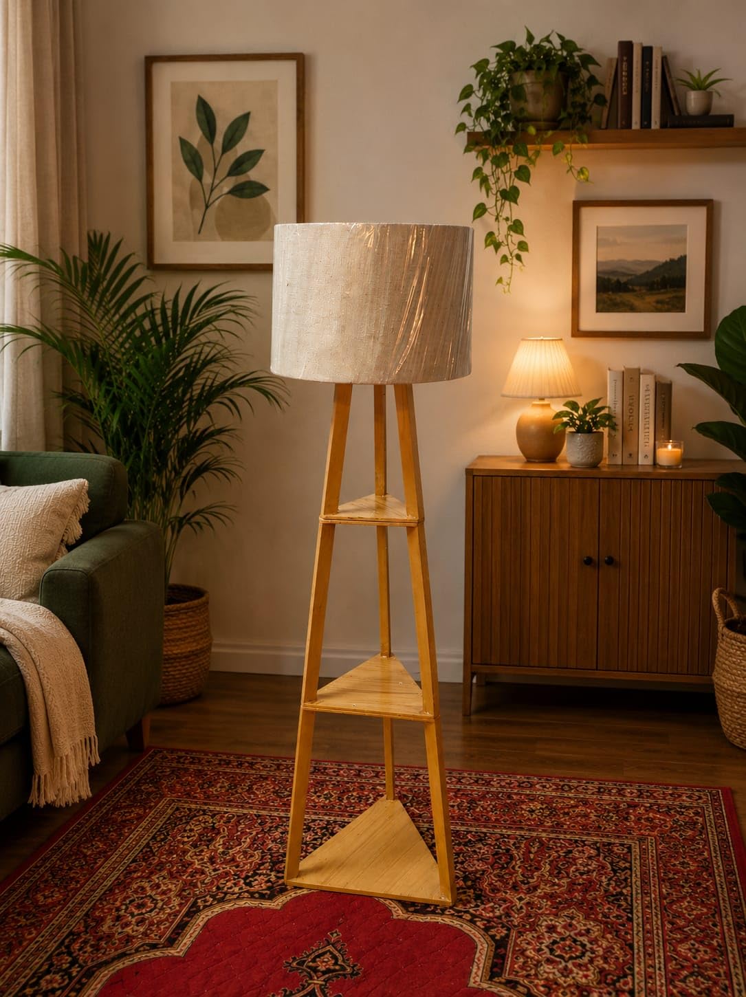 Wooden Floor Lamp with Shelves | Modern Tripod Standing Lamp for Living Room, Bedroom & Office | Natural Wood Finish | Decorative Corner Lamp with Fabric Shade Decorative Corner Light-image-48